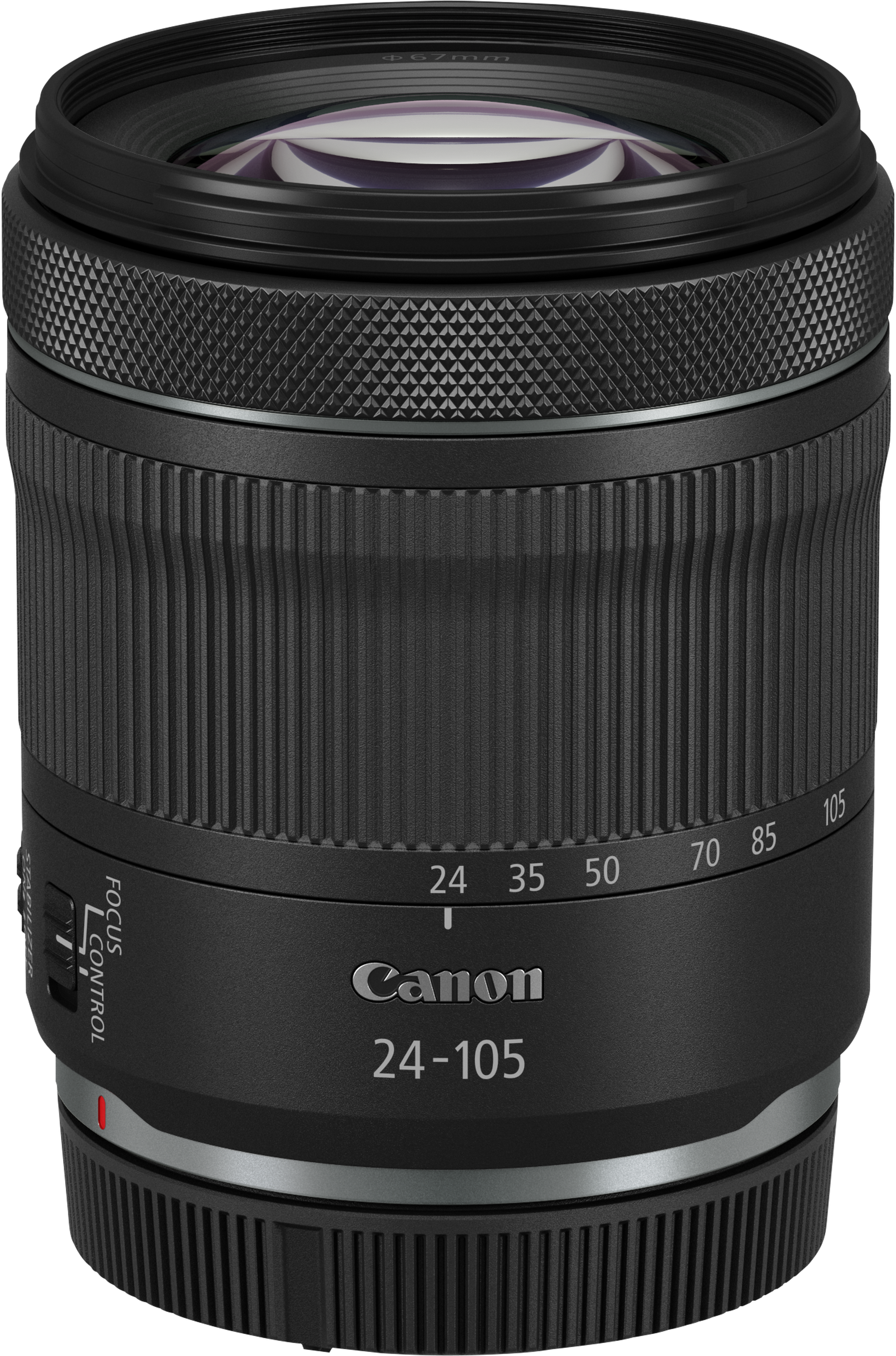 Un objectif Canon 24-105mm noir. Il possède des commandes de mise au point et de stabilisation. L'objectif est nervuré.