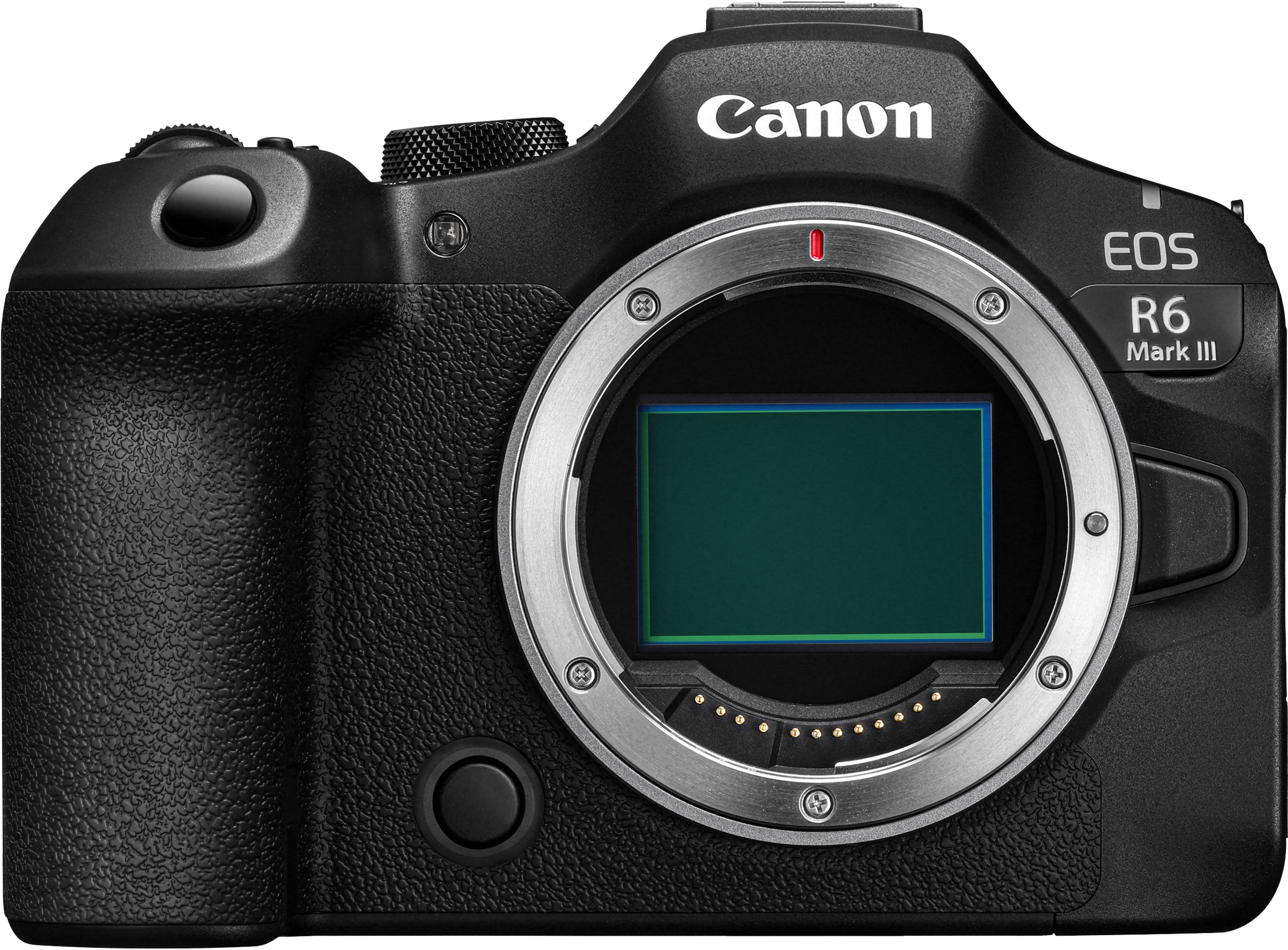 Appareil photo Canon EOS R6 Mark III noir. Monture d'objectif argentée, capteur vert visible. Logo Canon en haut. Fond noir.