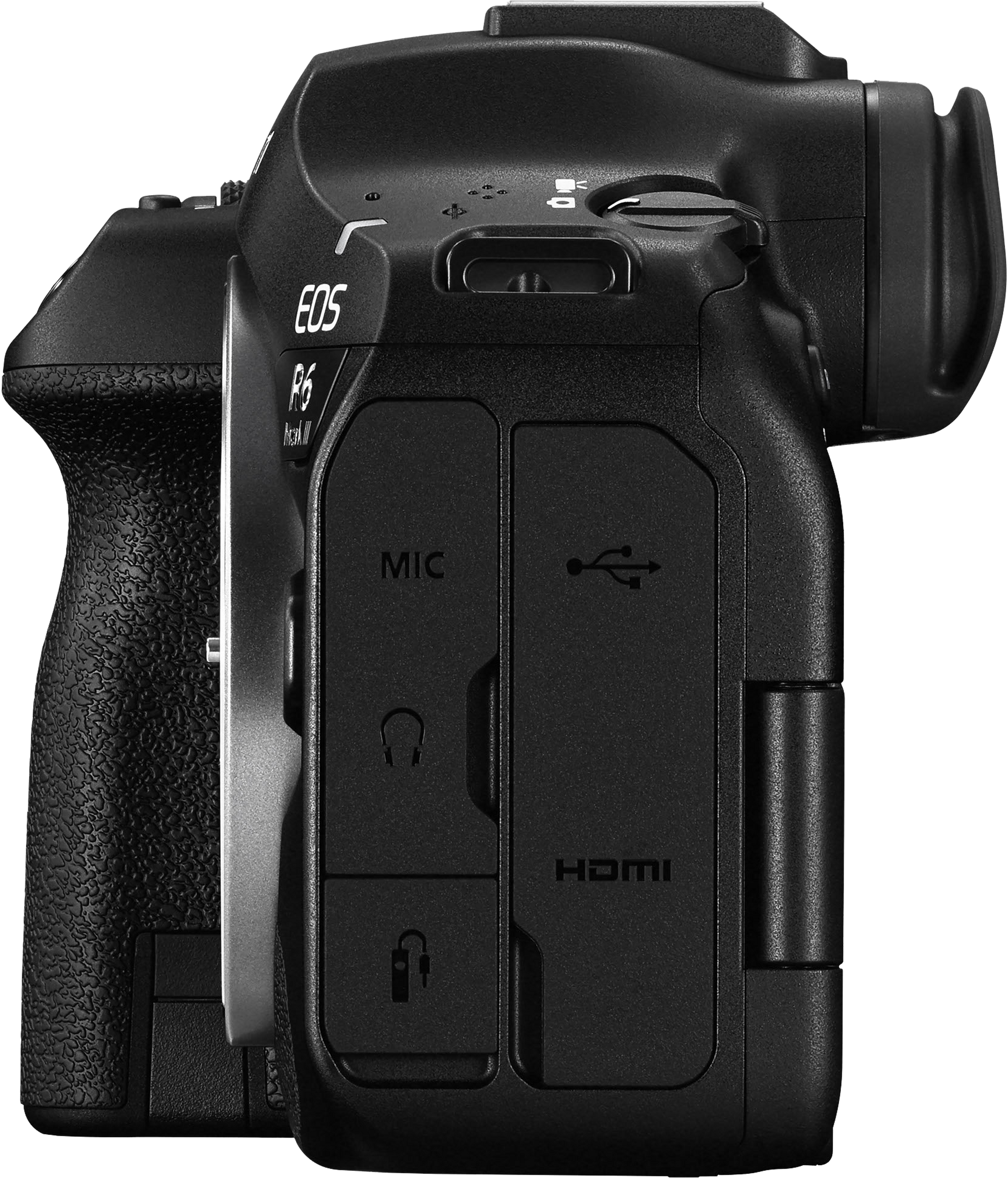 Vue latérale de l'appareil photo Canon EOS R6 noir. Comprend des ports MIC, HDMI et un symbole de port USB.