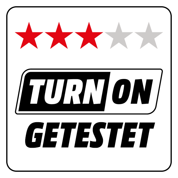 Bild mit 3 roten Sternen, 2 grauen Sternen und dem Text 'TURN ON GETESTET' in einer Schwarz-Weiß-Box.