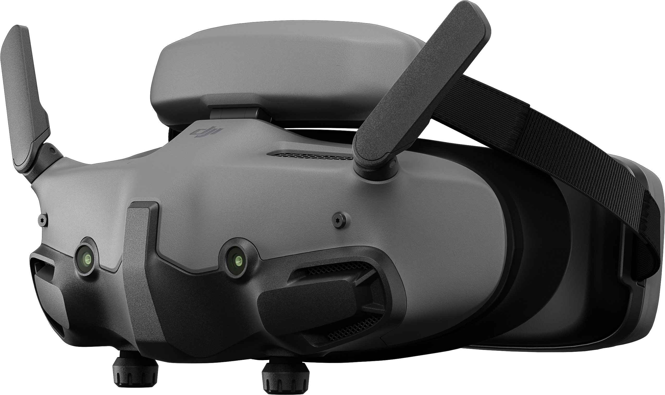 Eine grau-schwarze VR-Brille mit zwei Antennen und einem schwarzen Riemen. Das Gerät hat zwei grüne Sensoren und ein DJI-Logo.