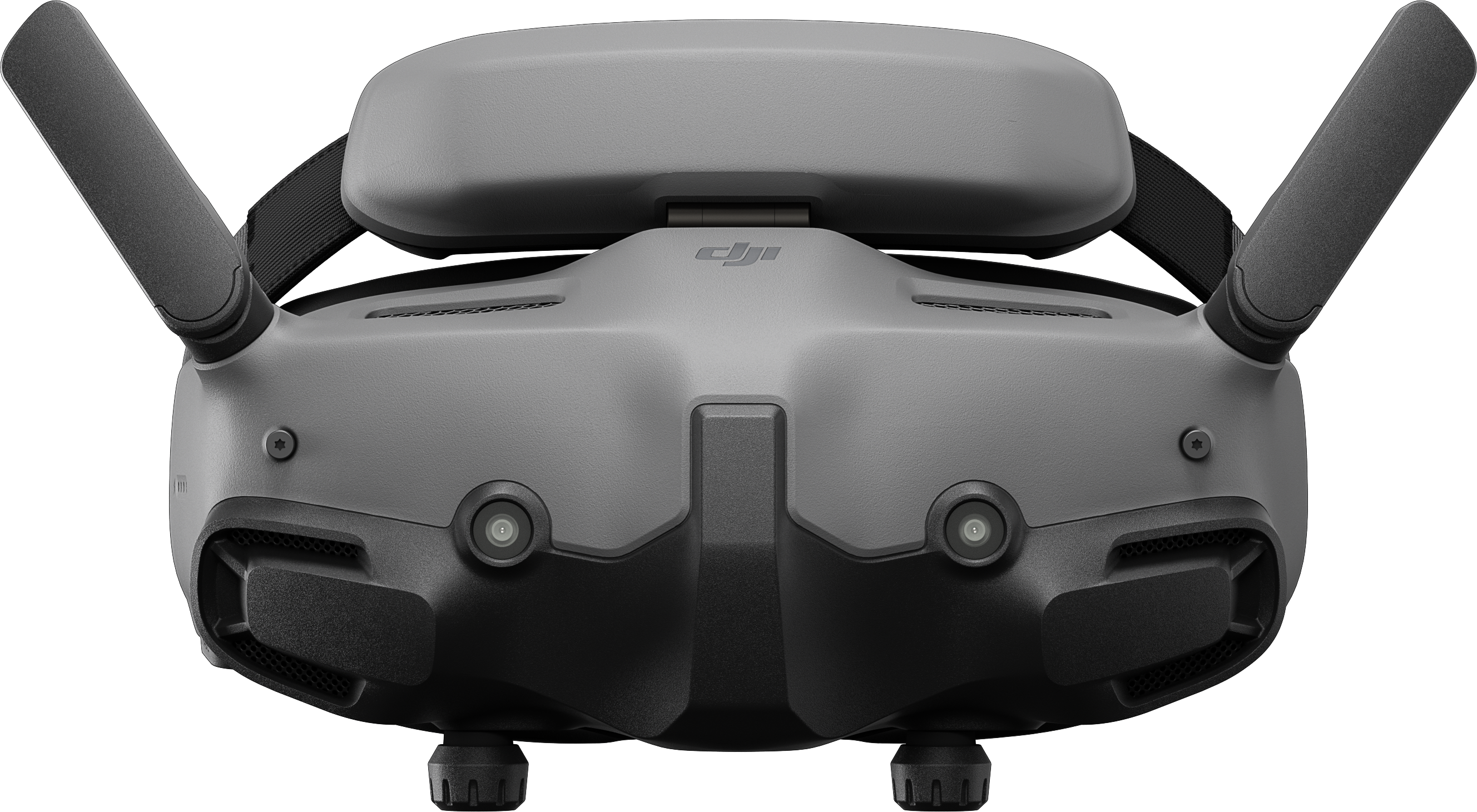 DJI FPV-Brille. Graues und schwarzes VR-Headset mit zwei Antennen, zwei Kameras und einem Kopfband.