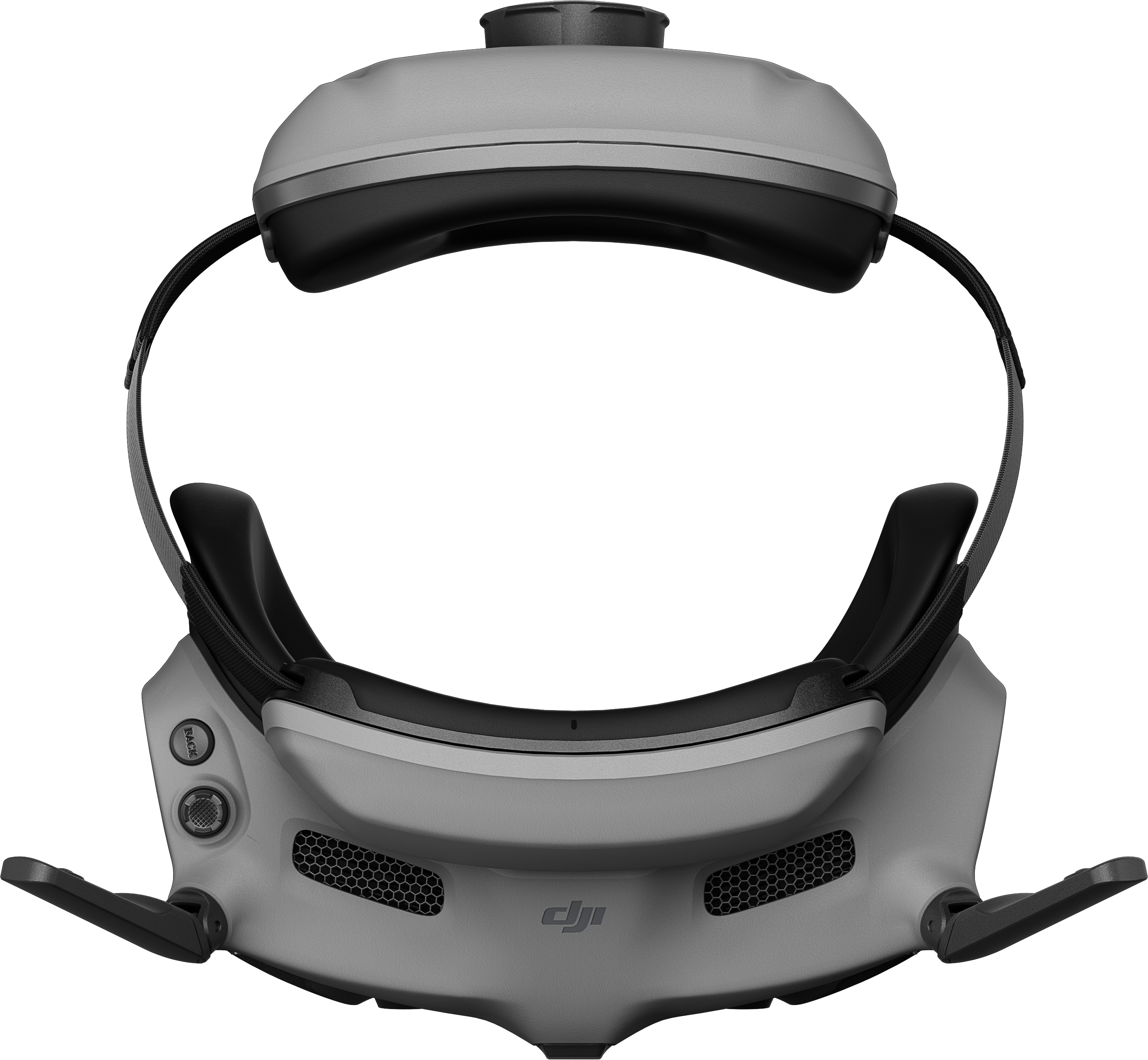 Graues VR-Headset mit schwarzen Akzenten, Seitentasten und einem sechseckigen Lüftungsschlitz. Das DJI-Logo ist sichtbar.