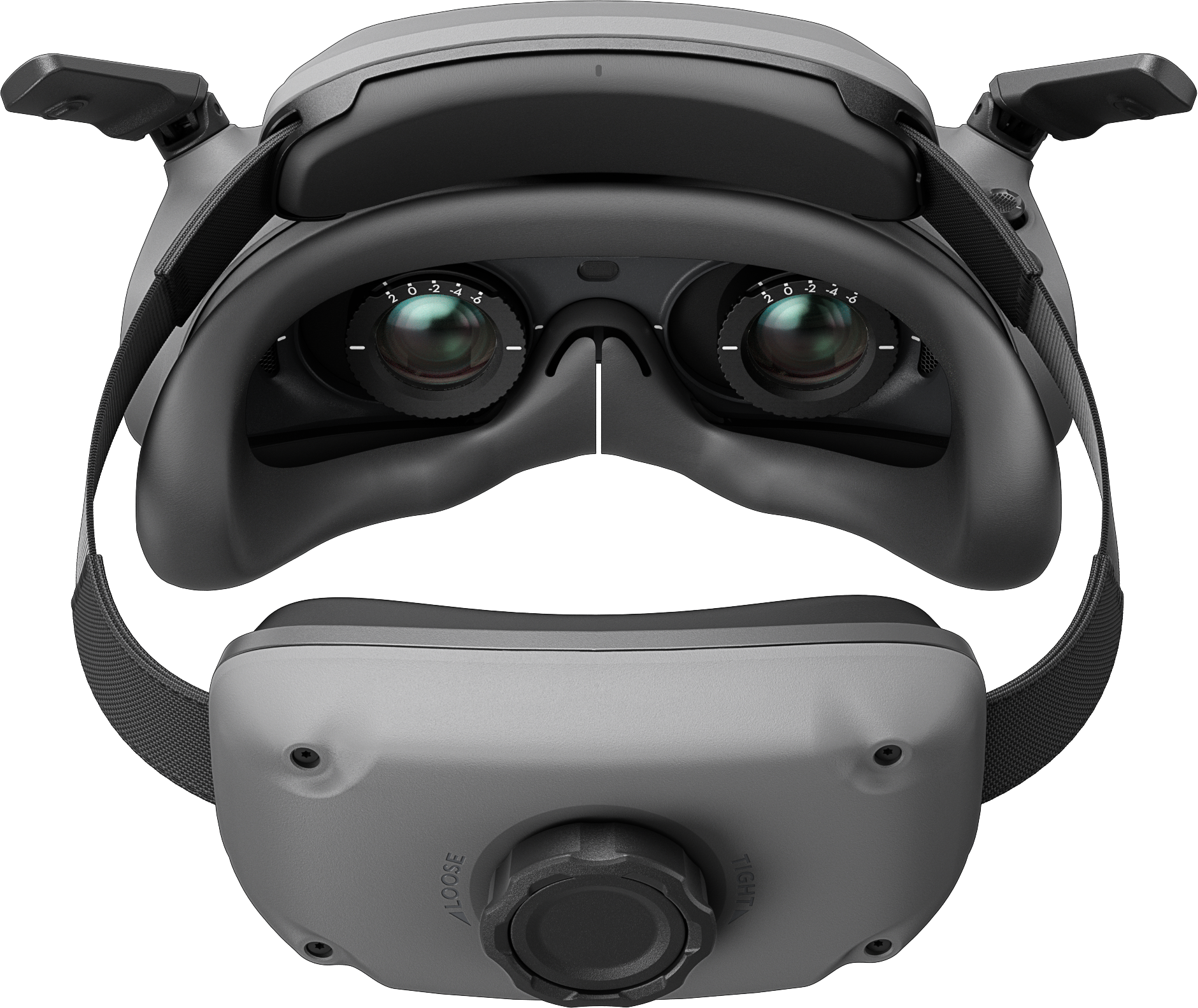 VR-Headset, schwarz und grau. Mit einstellbaren Linsen, Kopfriemen und einem Einstellrad. Isoliert auf weißem Hintergrund.