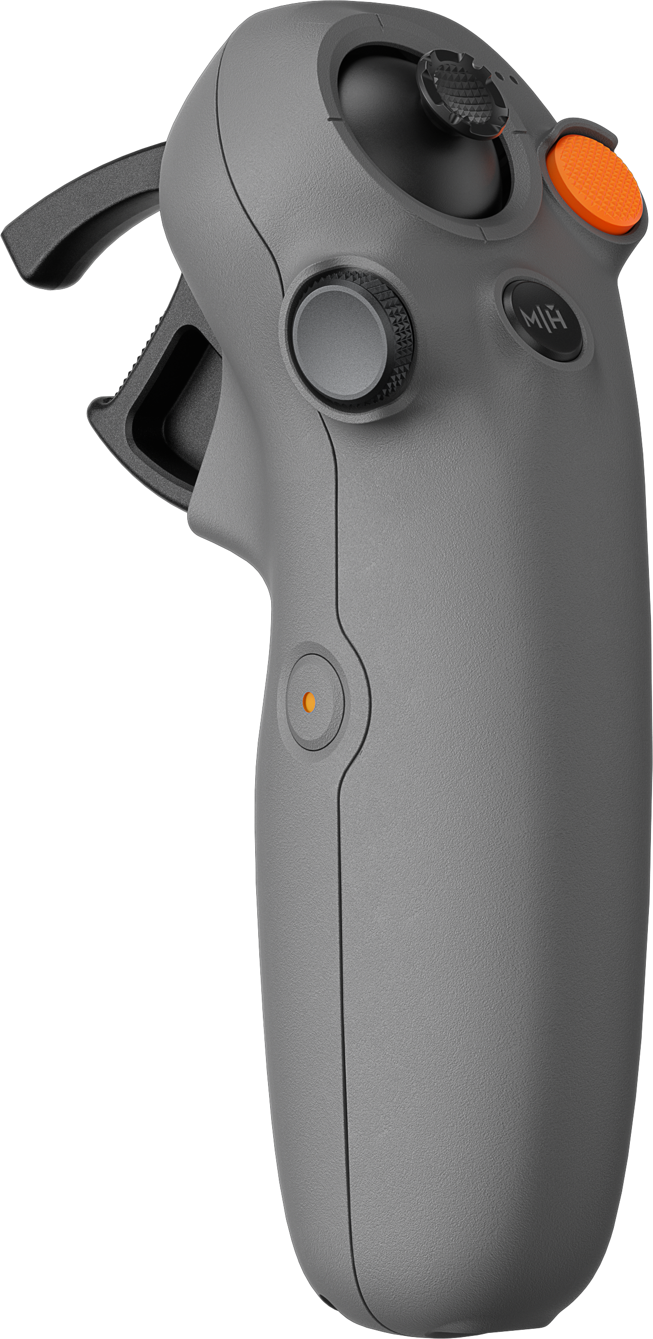 Ein grauer Game-Controller mit schwarzen und orangefarbenen Knöpfen. Er hat einen Auslöser und einen Joystick. Der Controller befindet sich auf weißem Hintergrund.