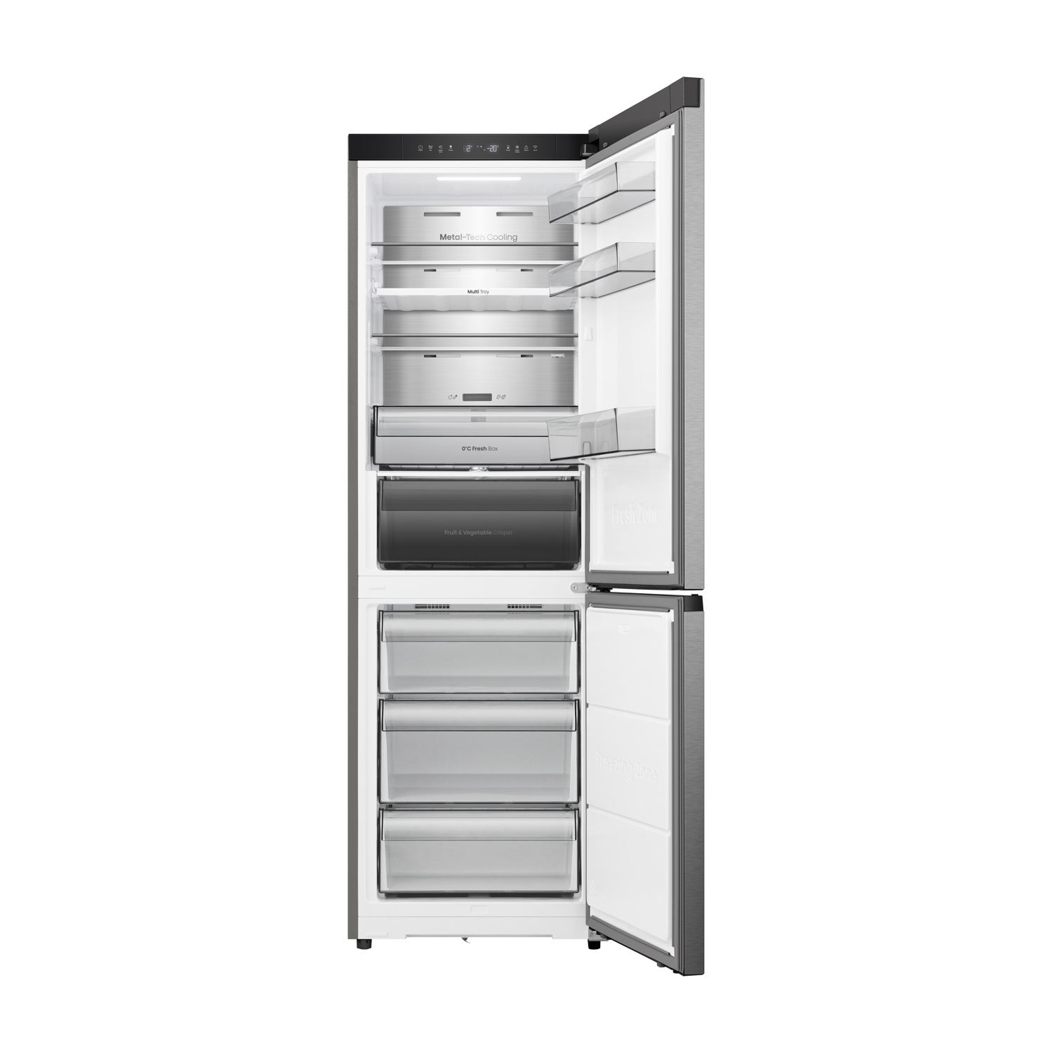 Frigorifero aperto, con ripiani e cassetti. Etichette: Metal-Tech Cooling, Multi Tray, 0°C Fresh Box, Fruit & Vegetable Crisper e Freezing Zone.