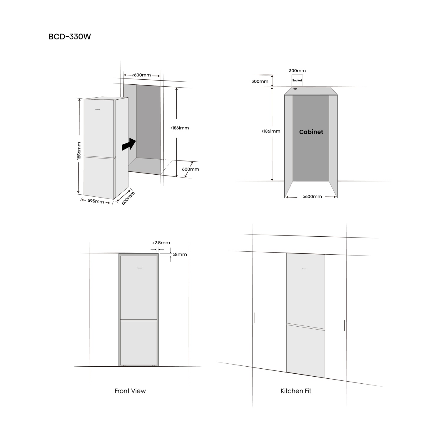 Diagramma che mostra un frigorifero con dimensioni e istruzioni di montaggio. Include vista frontale e illustrazioni di montaggio in cucina.
