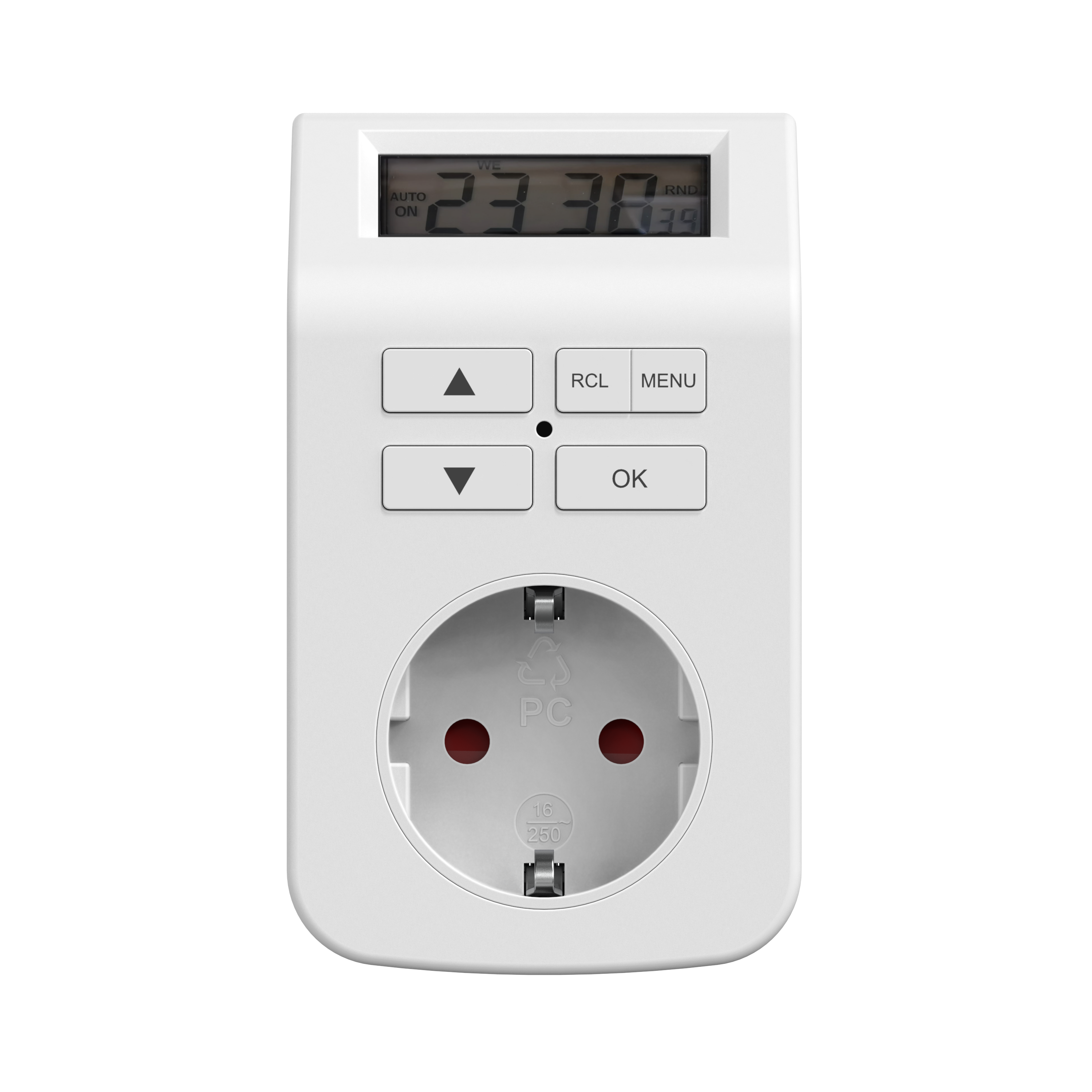 Weißer digitaler Timer mit Knöpfen und einer Steckdose. Das Display zeigt die Uhrzeit an. Die Tasten umfassen Auf, Ab, RCL, MENU und OK.