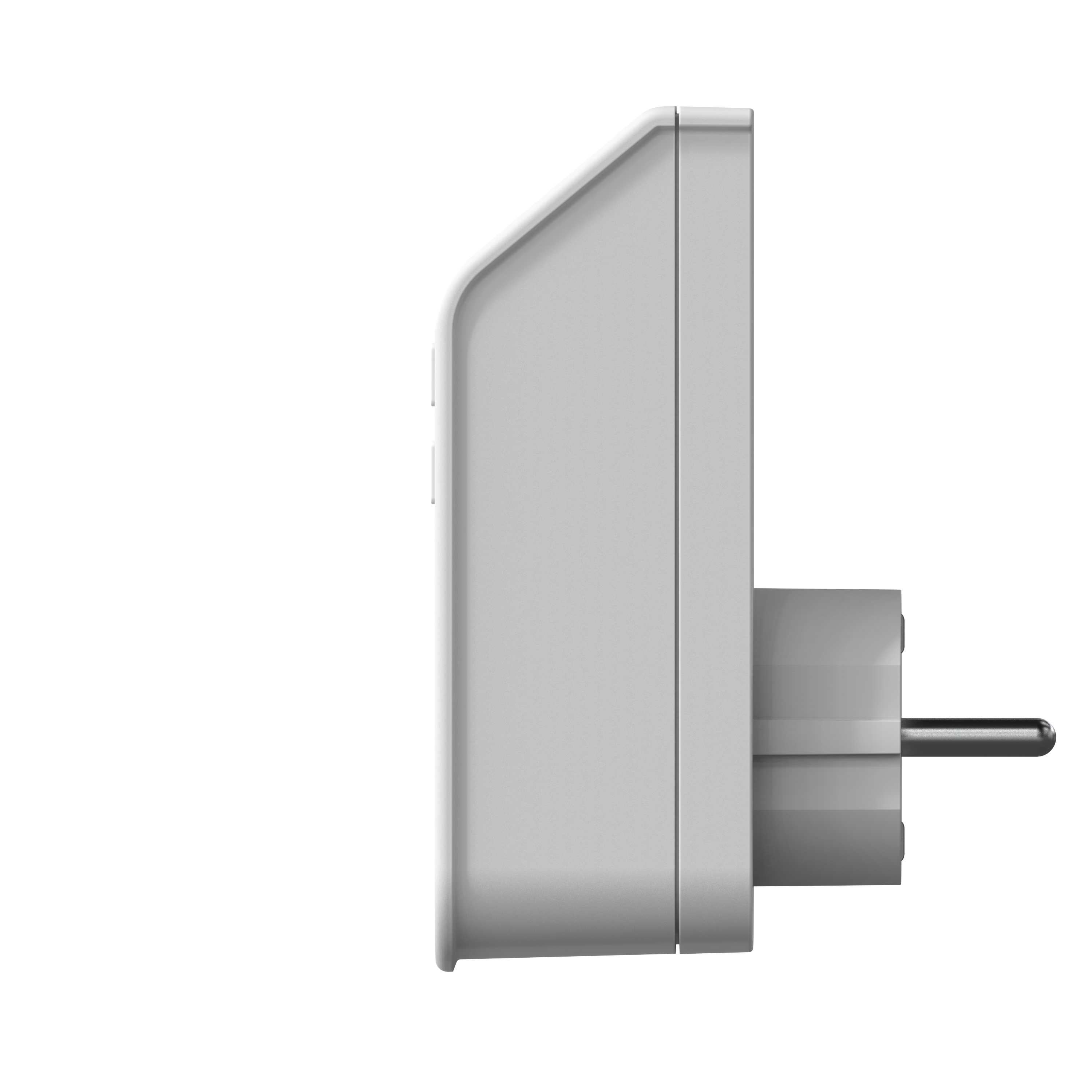 Seitenansicht eines weißen Elektrosteckeradapters mit schwarzem Hintergrund.
