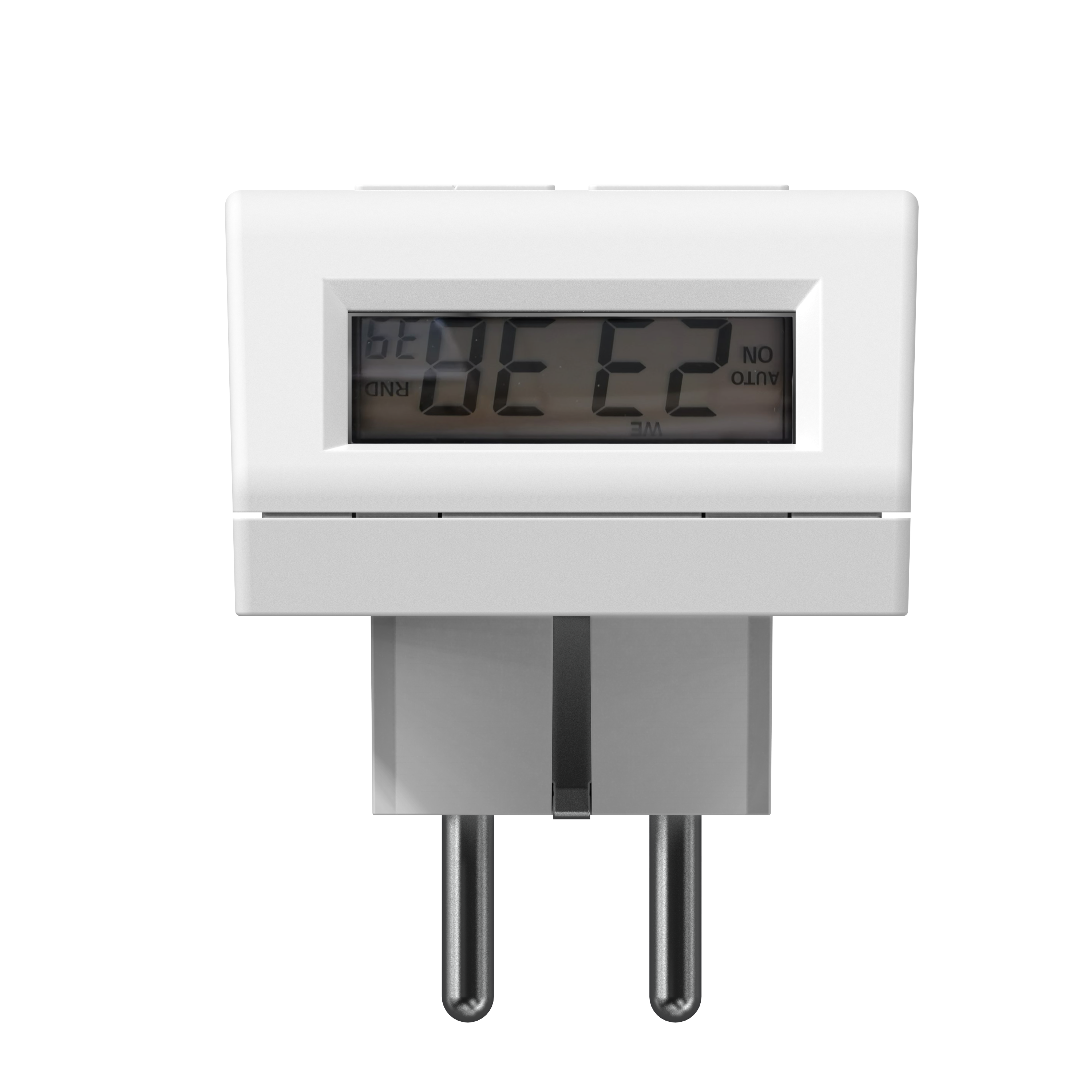 Ein weißer digitaler Timer mit Anzeige 23:38 und Stecker. Der Hintergrund ist schwarz.