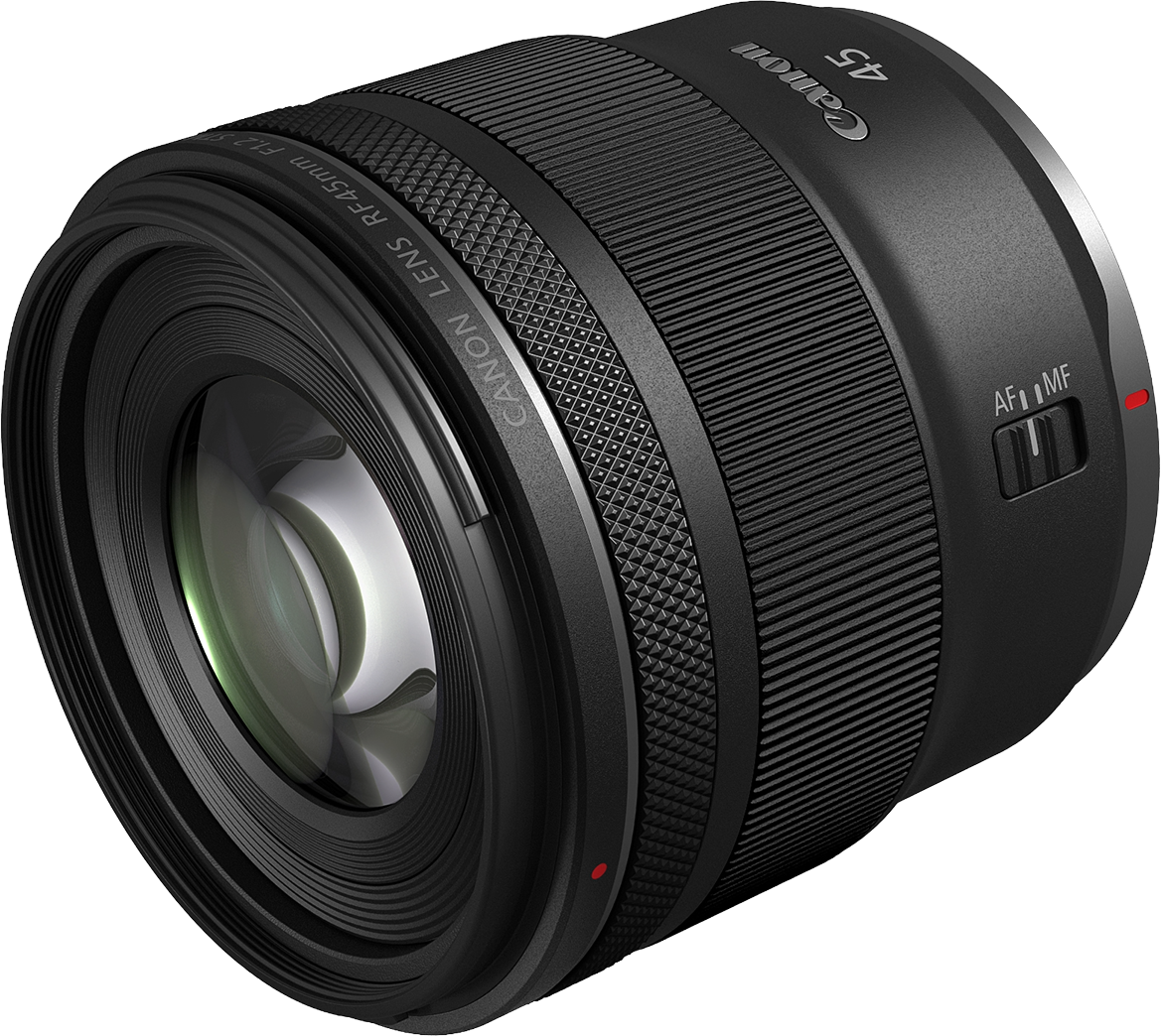 Ein schwarzes Canon-Objektiv, RF 45mm F1.2, mit verschiedenen Texturen. Es hat einen AF/MF-Schalter und einen roten Punkt.
