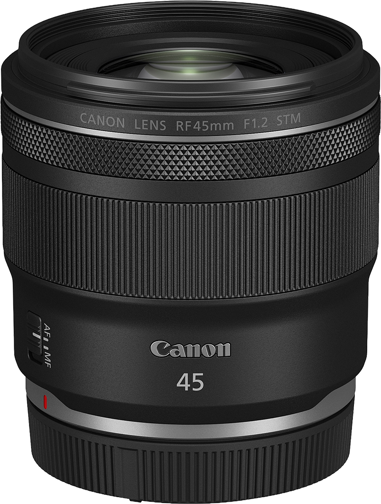 Ein Canon RF 45mm F1.2 STM Objektiv. Schwarzer Körper mit silbernen Akzenten. Canon-Logo und 45 sichtbar. AF/MF-Schalter und roter Punkt vorhanden.