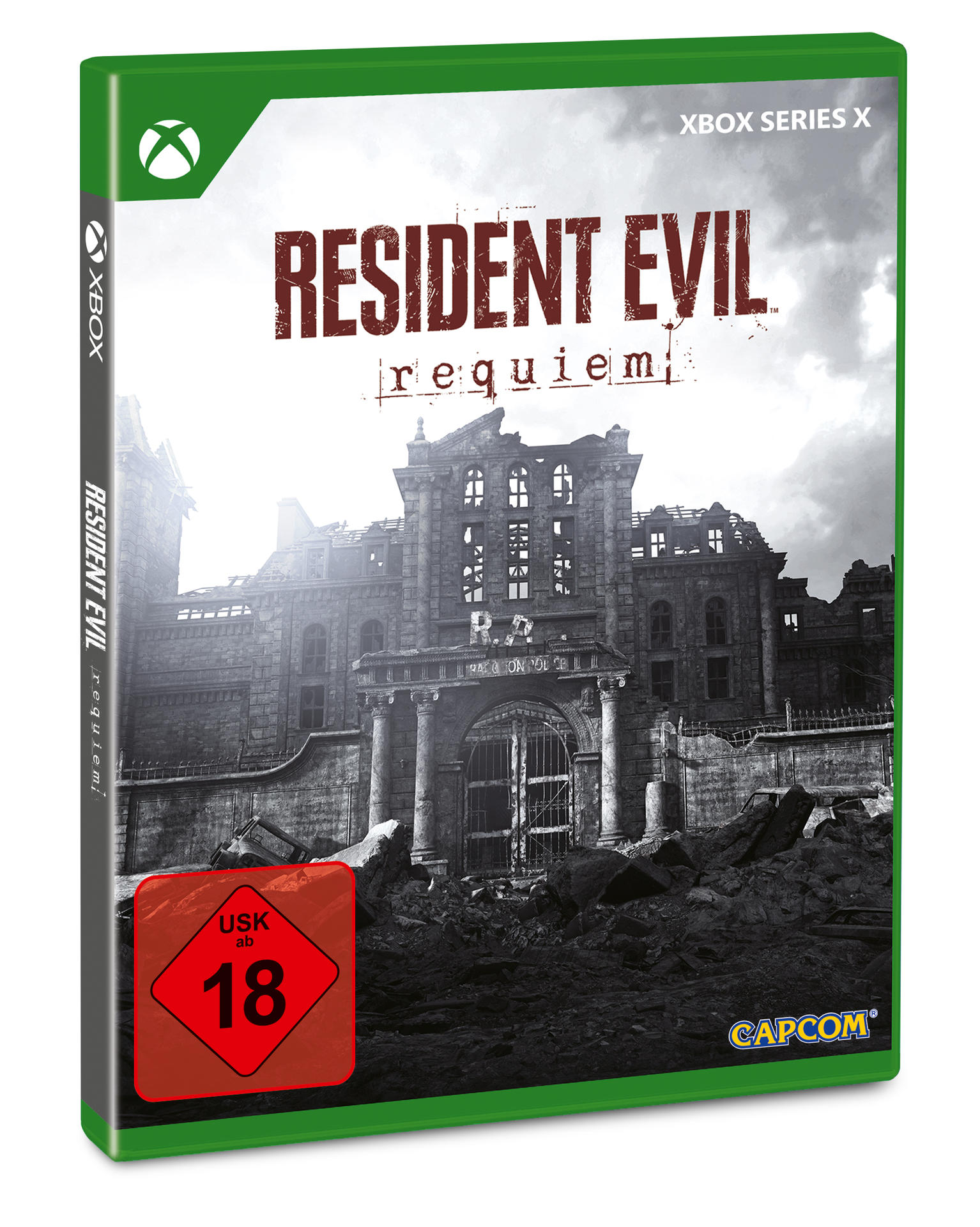 Das Cover des Spiels Resident Evil Requiem für Xbox Series X. Es zeigt ein zerstörtes Gebäude, den Spieletitel und die USK 18-Einstufung.