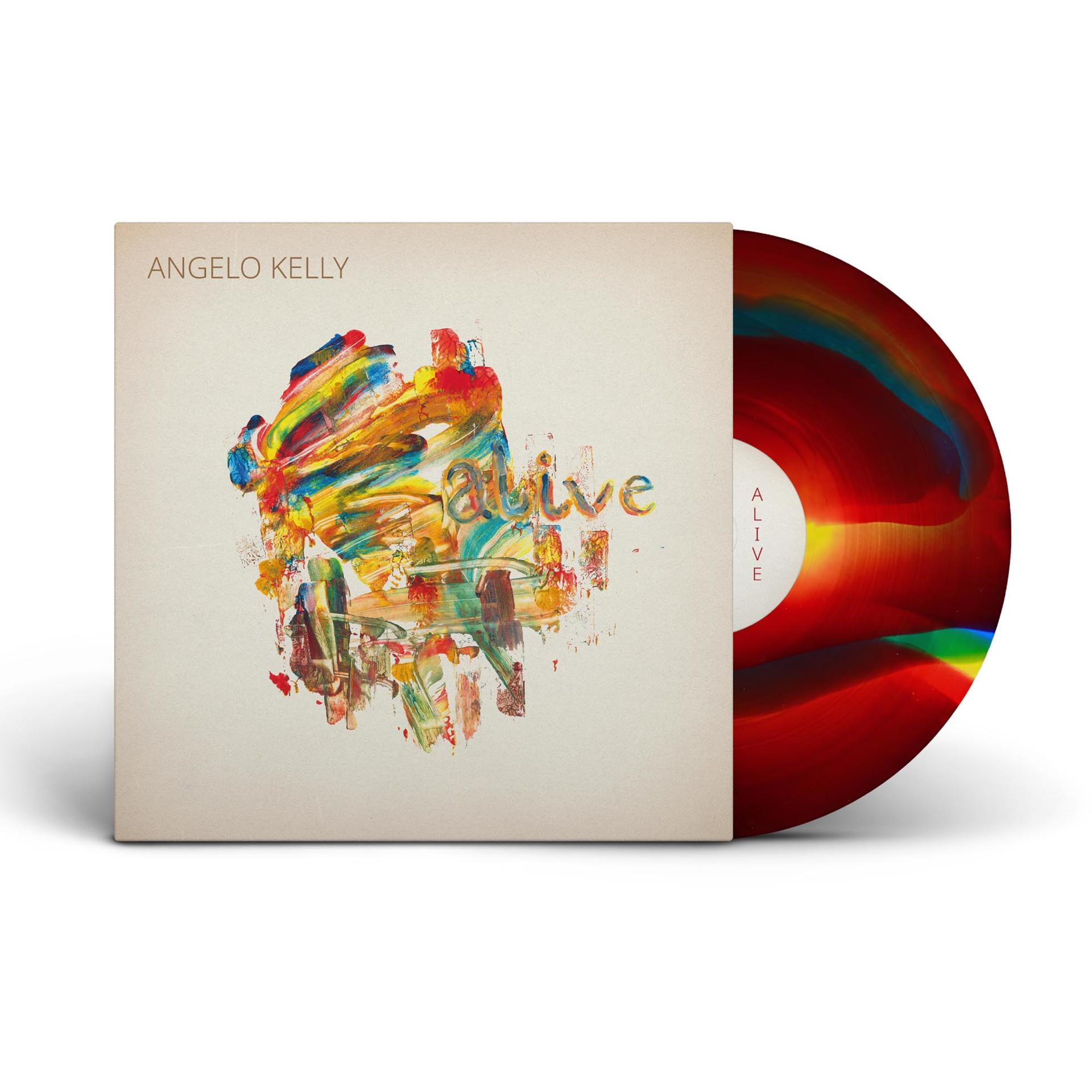 Albumcover: Angelo Kelly, 'Alive'. Bunte Farbpinselstriche. Vinyl-Schallplatte sichtbar, rot mit Regenbogenverlauf.