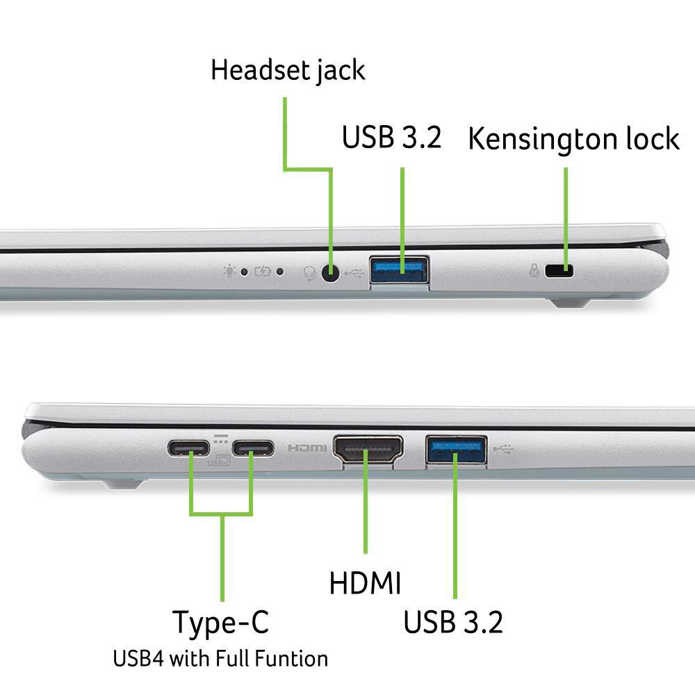 Seitenansicht des Laptops mit Anschlüssen: Kopfhöreranschluss, USB 3.2, Kensington-Schloss, Typ-C, HDMI und ein weiterer USB 3.2-Anschluss.