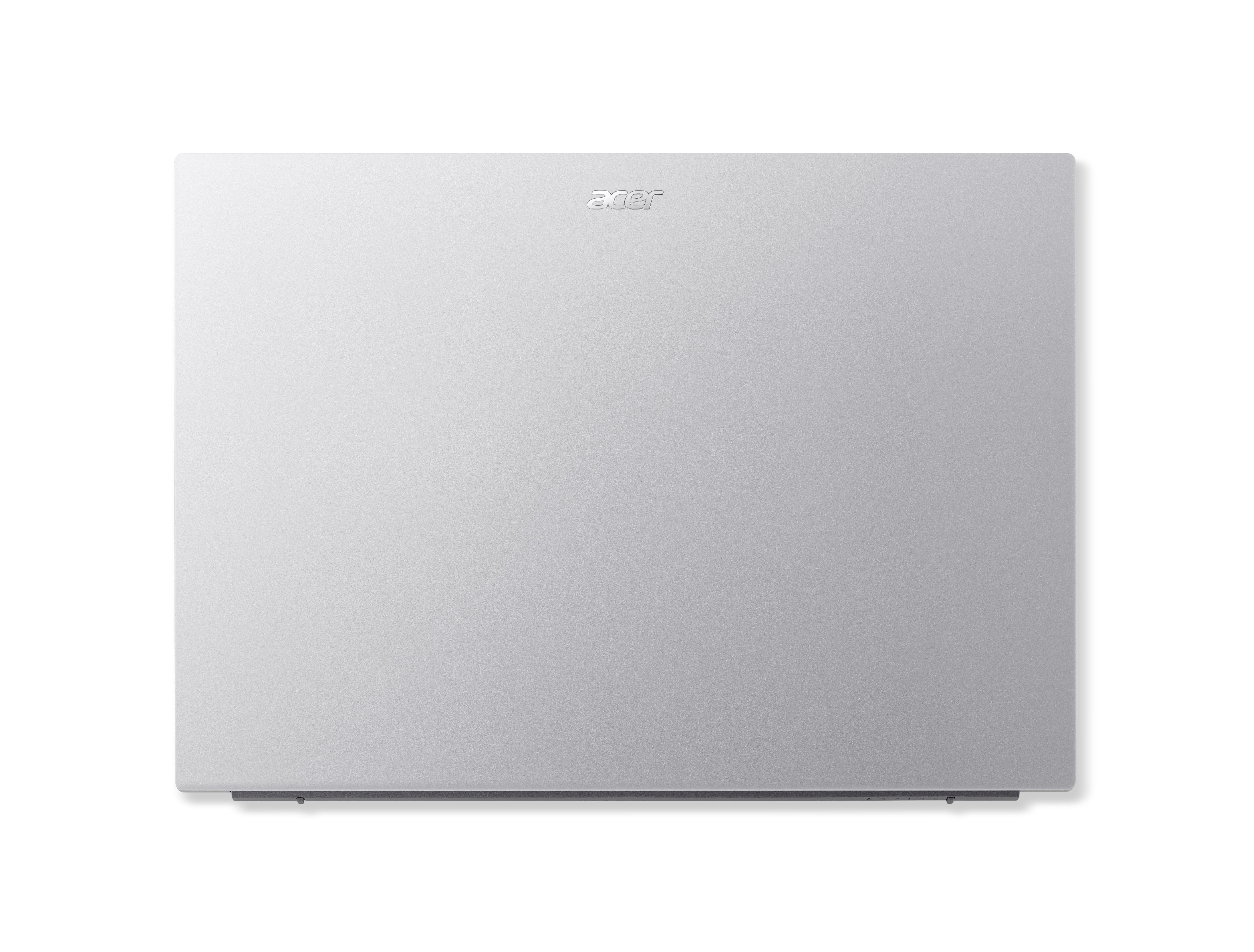Silberner Laptop geschlossen auf weißem Hintergrund. Acer-Logo oben.