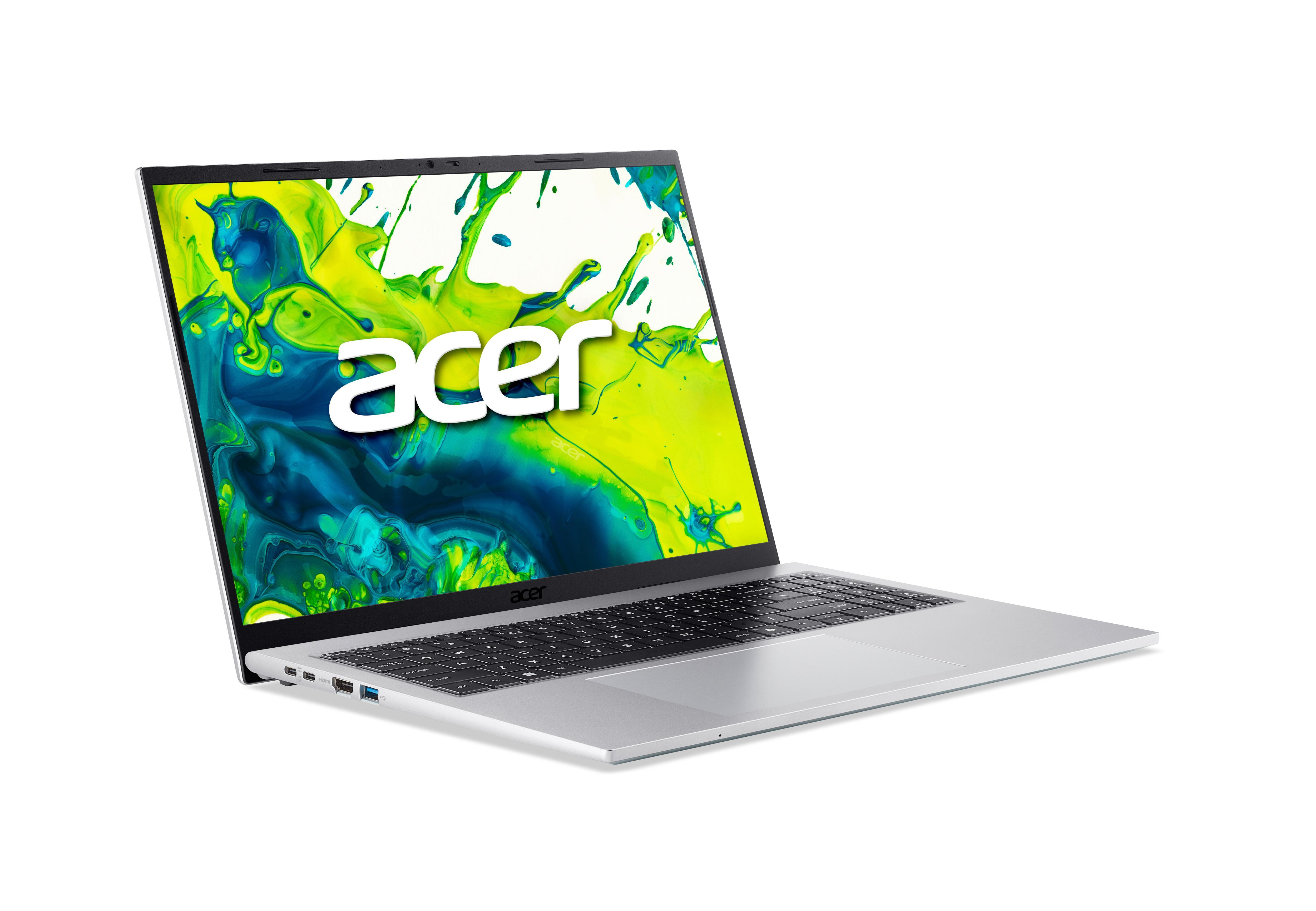 Silberner Acer-Laptop mit Acer-Logo auf dem Bildschirm, der einen farbenfrohen Farbspritzer auf weißem Hintergrund zeigt.