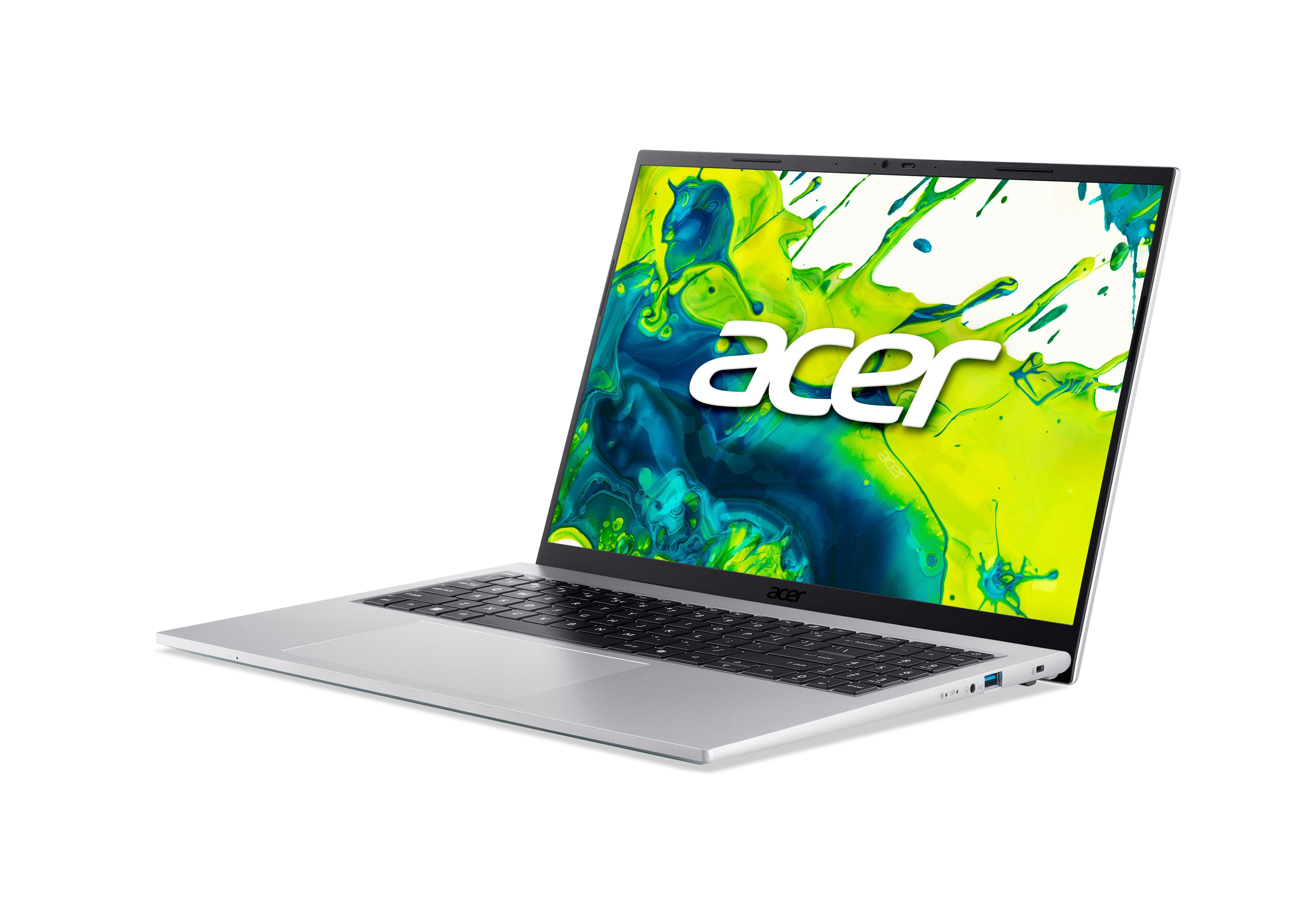 Silberner Acer-Laptop geöffnet, Bildschirm zeigt grüne und gelbe abstrakte Spritzkunst mit dem Markennamen Acer.