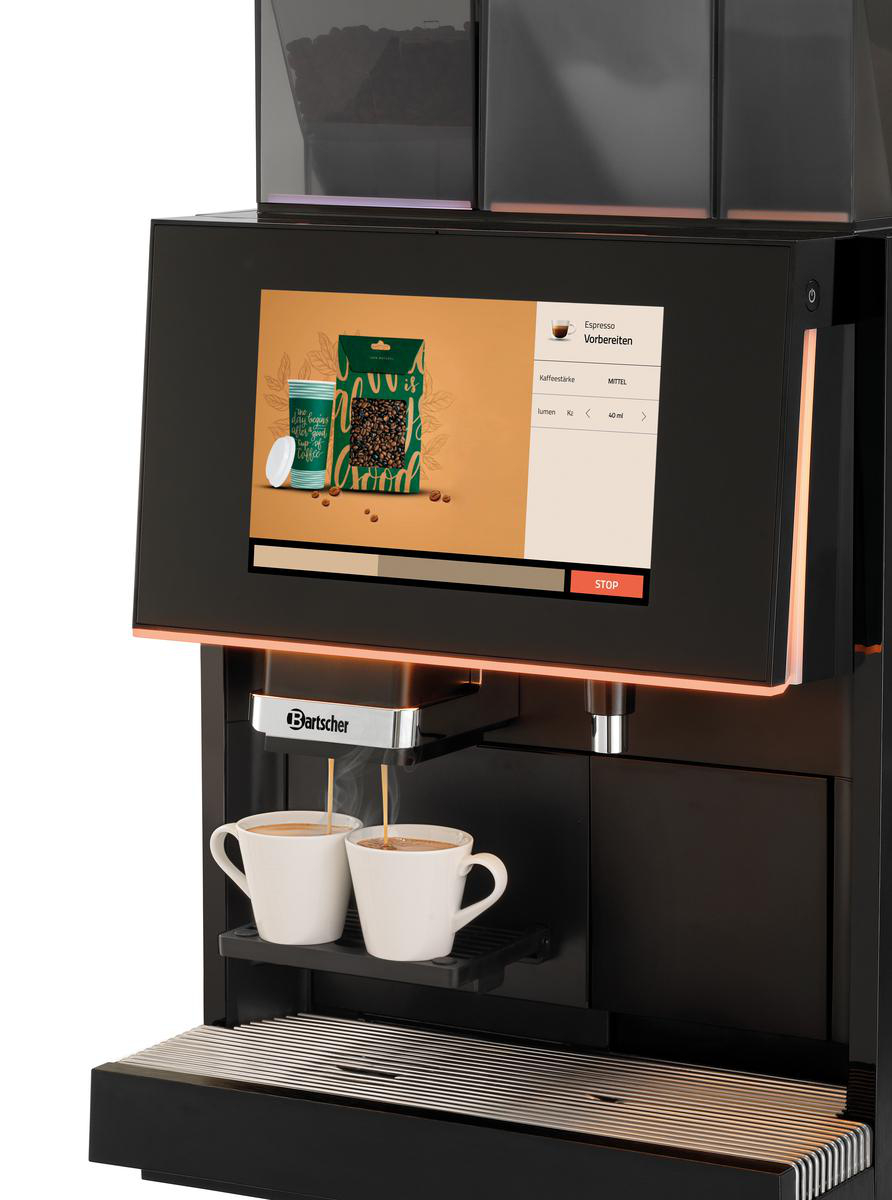 Kaffeemaschine, die Kaffee in zwei weiße Tassen ausgibt. Die Maschine hat einen Bildschirm, der Espresso-Optionen anzeigt.