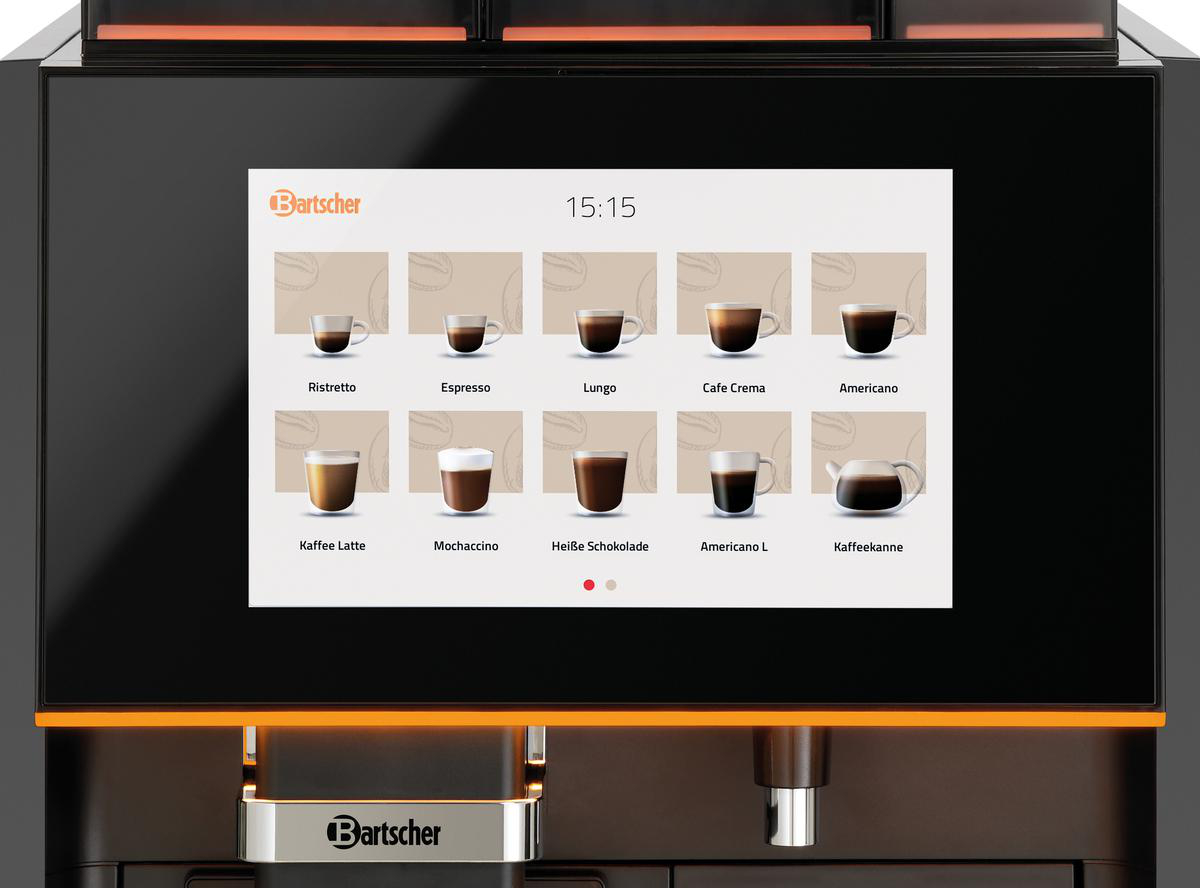 Kaffeemaschine zeigt verschiedene Kaffeeoptionen auf dem Bildschirm. Enthält Ristretto, Espresso, Lungo, Cafe Crema und mehr.
