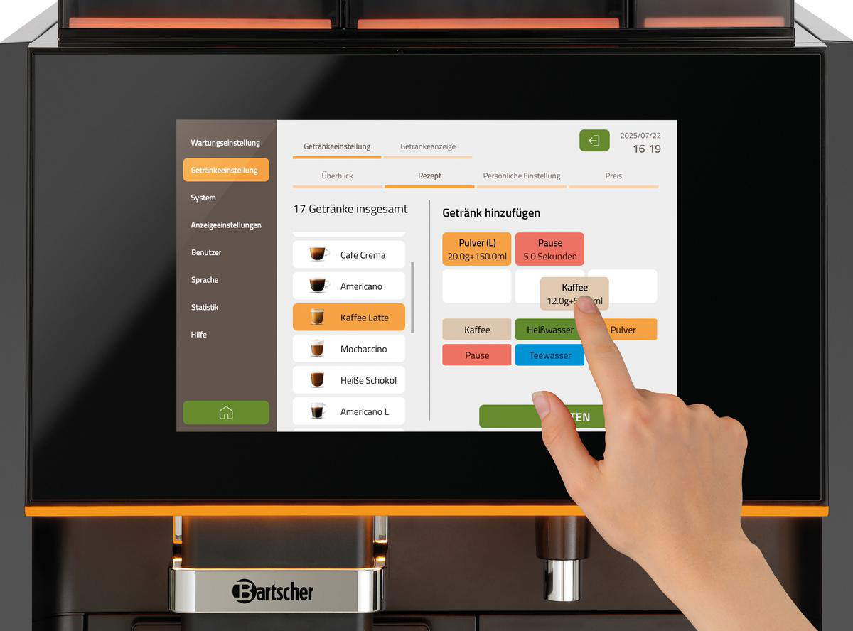 Der Touchscreen einer Kaffeemaschine zeigt Getränkeoptionen. Eine Hand wählt 'Kaffee' aus. Der Bildschirm zeigt Kaffeesorten und Einstellungen.