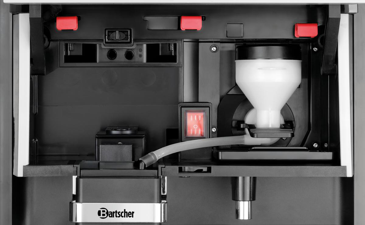 Nahaufnahme einer Bartscher Kaffeemaschine. Merkmale: weißer Behälter, roter Schalter, Knöpfe und ein klarer Schlauch.