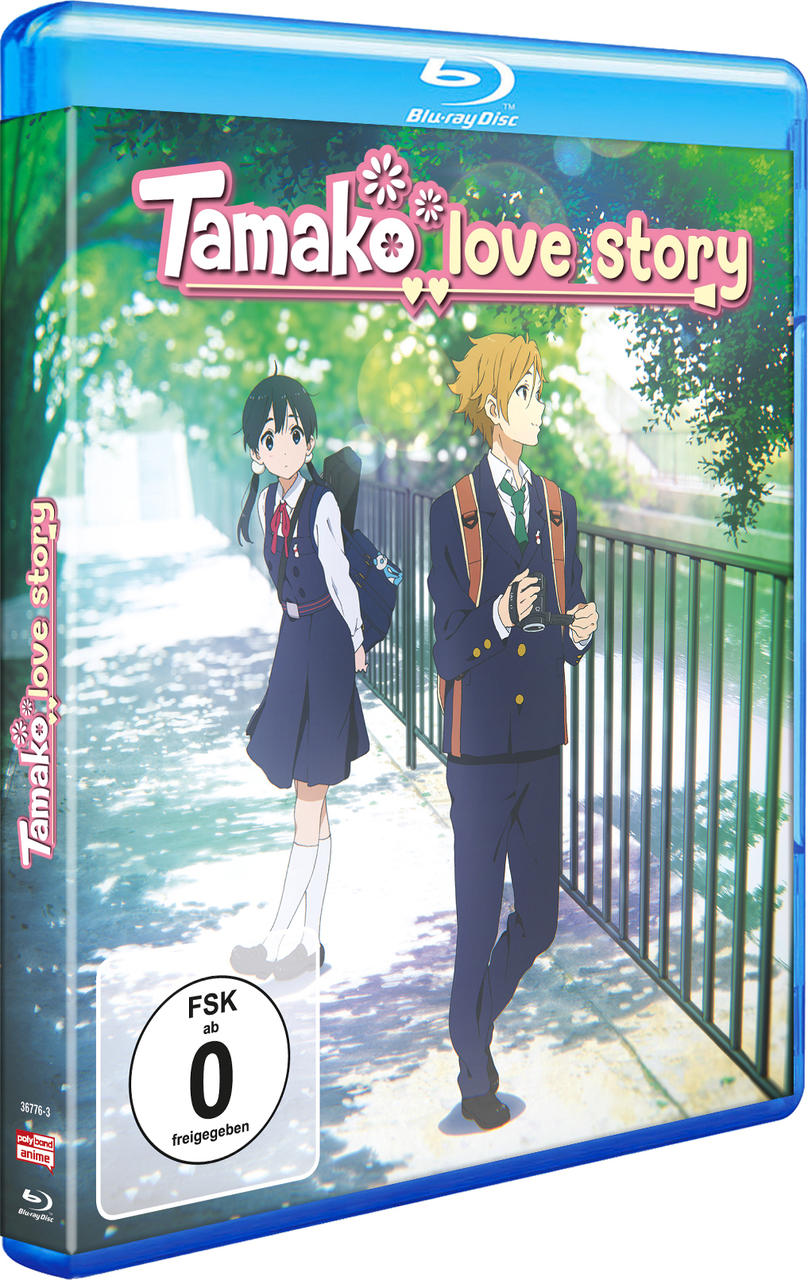 Anime Blu-ray-Cover. Zwei Schüler gehen auf einem Weg. Titel 'Tamako Love Story'. Enthält FSK-Bewertung. Grüne Bäume und eine Brücke im Hintergrund.