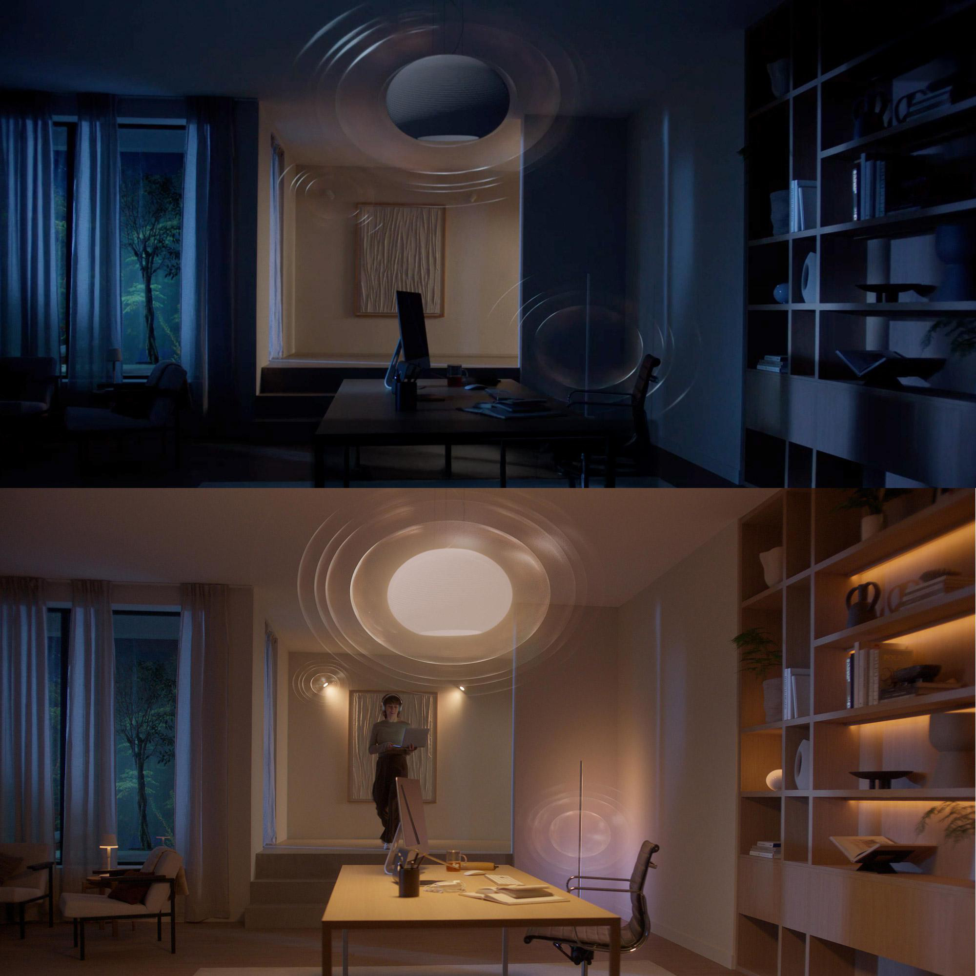 Zweiteiliges Bild eines modernen Heimbüros mit einer arbeitenden Person. Merkmale Schreibtisch, Bücherregale und ein Fenster mit Blick auf Bäume.
