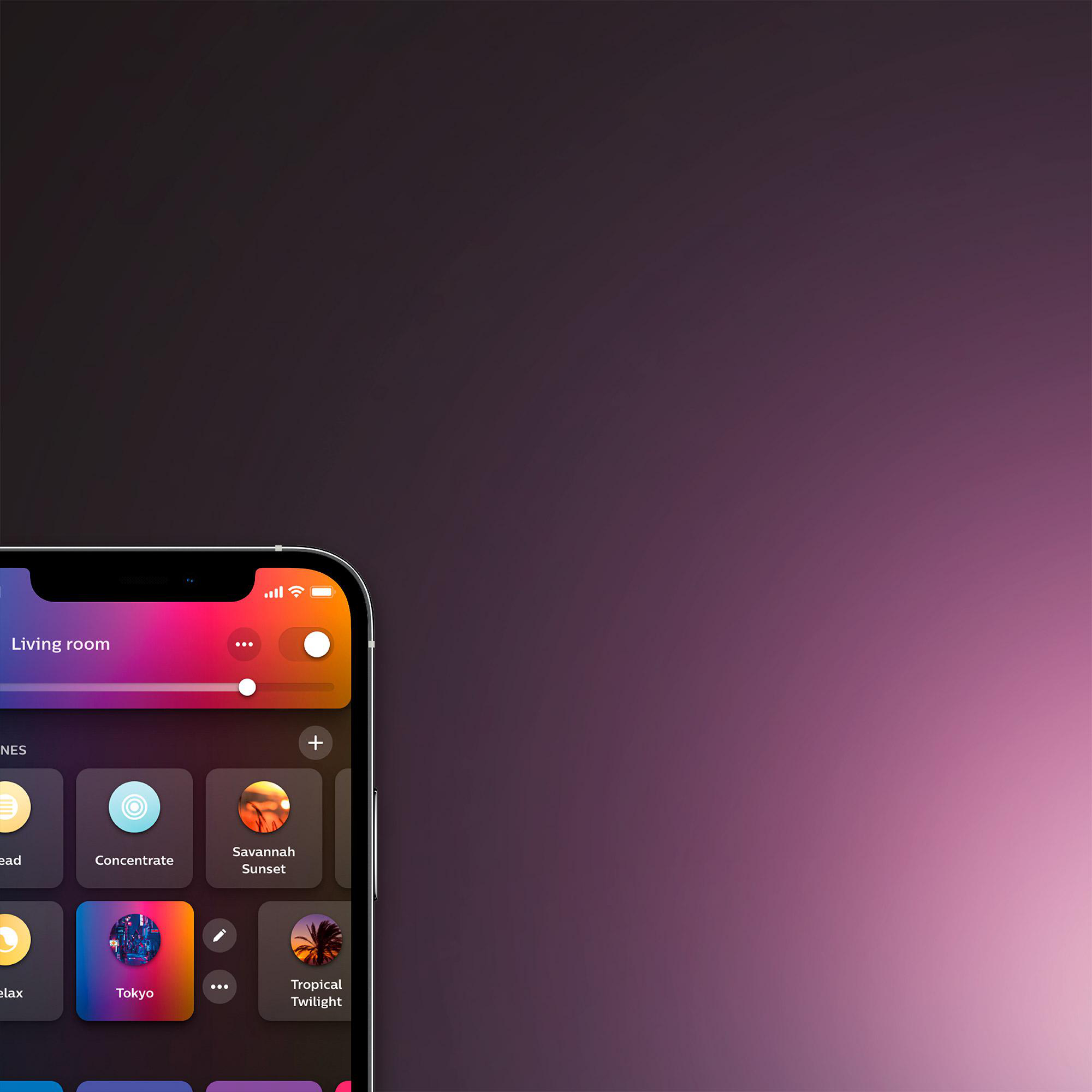 Ein Smartphone zeigt eine Home-Control-App mit Beleuchtungsoptionen. Der Hintergrund ist ein Gradient aus Lila und Schwarz.