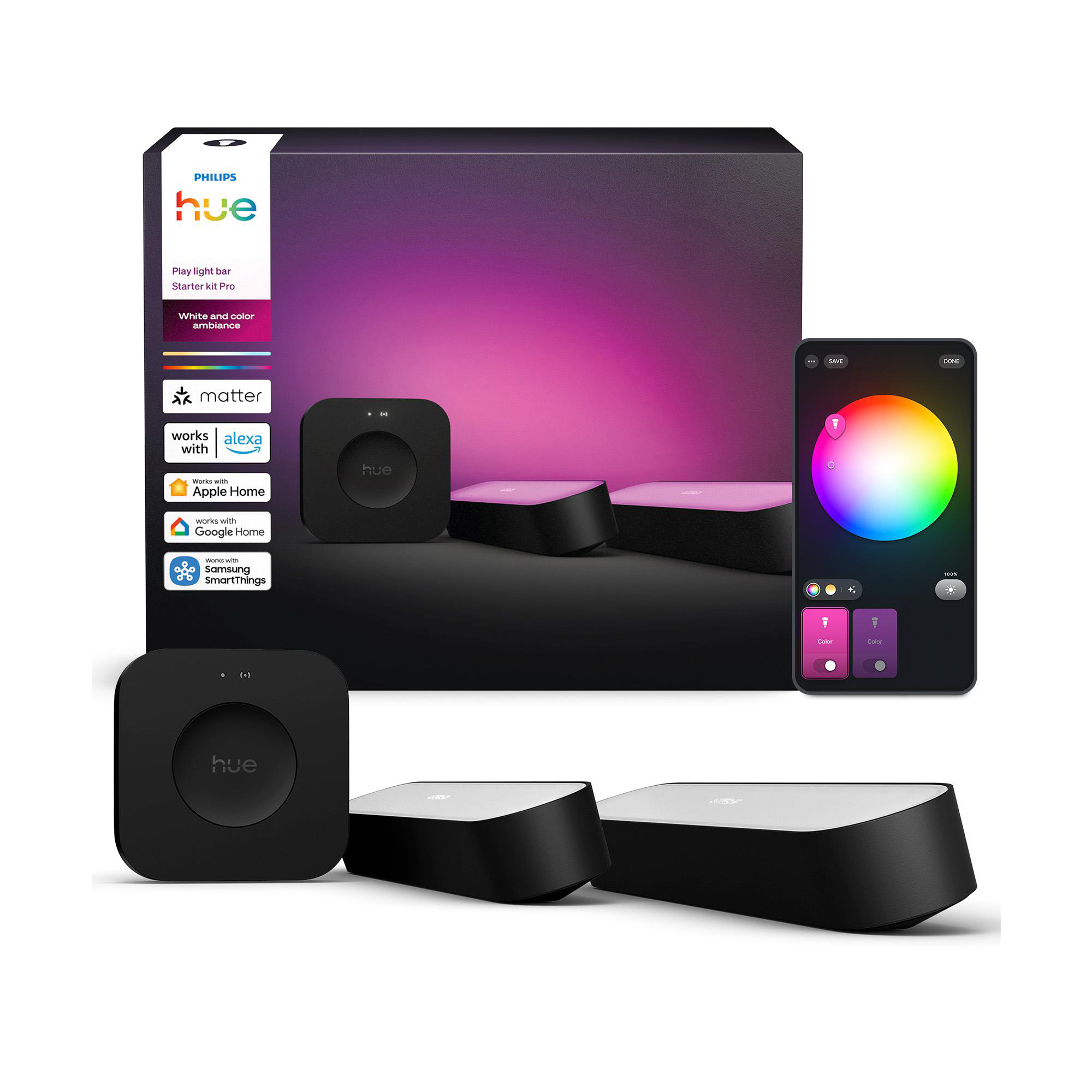 Das Bild zeigt ein Philips Hue Play Light Bar Starter Kit. Es umfasst Lichter, eine Steuerbox und eine Smartphone-App-Oberfläche.