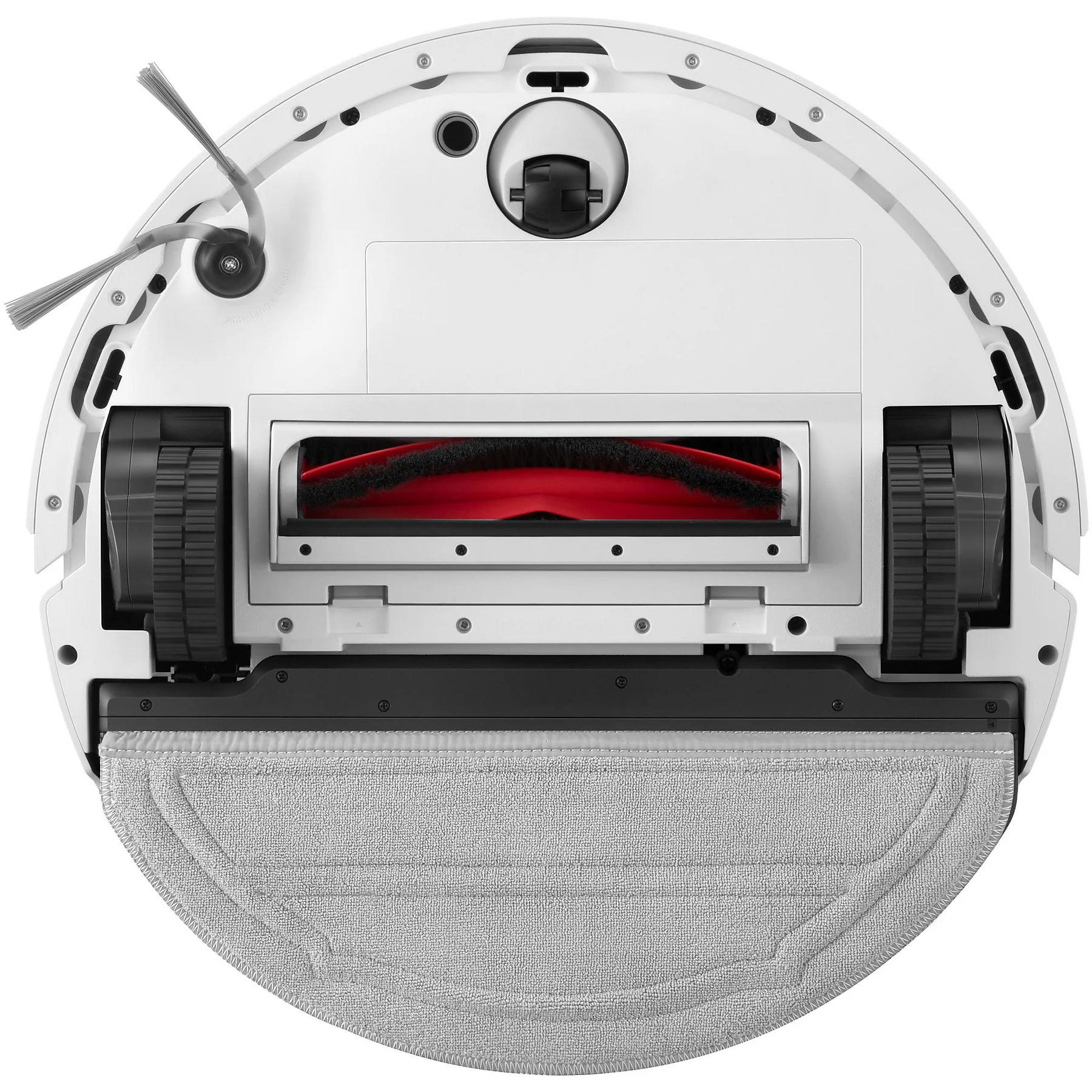 Un robot aspirapolvere bianco con ruote nere, una spazzola rossa e un panno per la pulizia grigio è mostrato dal basso.