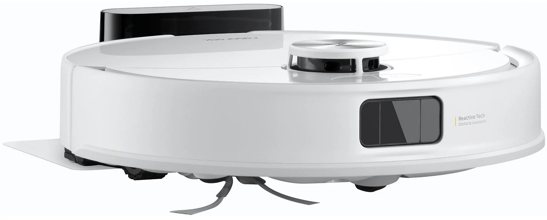 Un aspirapolvere robot bianco con un top nero. Ha un corpo circolare con Reactive Tech Obstacle Avoidance.