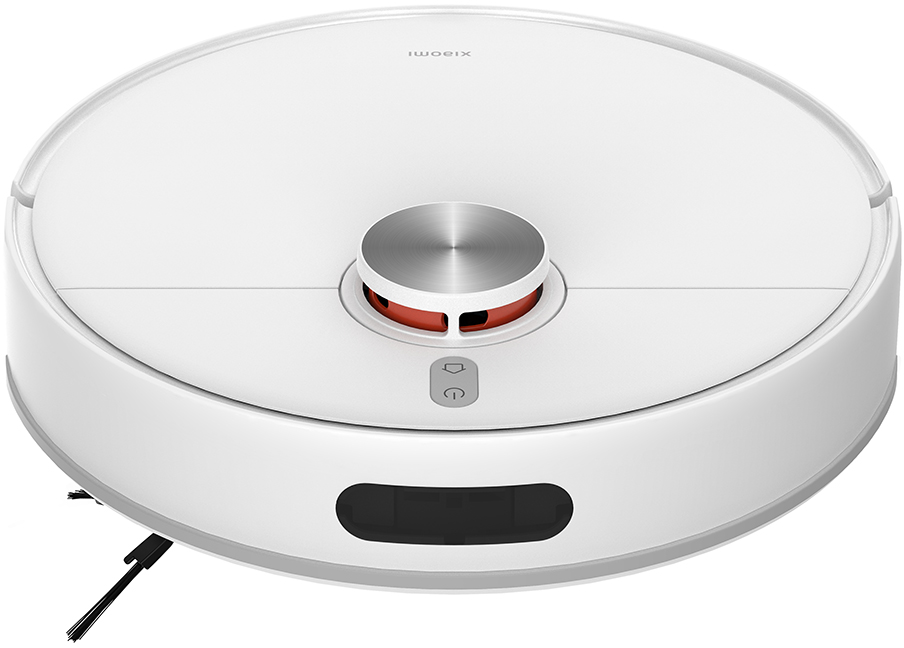 Un aspirapolvere robot bianco e argento. Ha una forma rotonda con un pulsante centrale e una spazzola nera.
