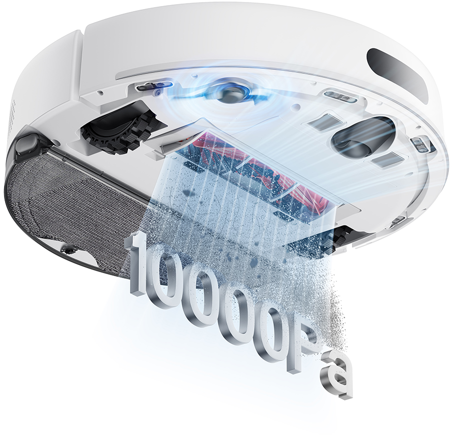 Robot aspirapolvere bianco, vista sezionata con componenti interni, filtro e processo di aspirazione con testo "10000pa".