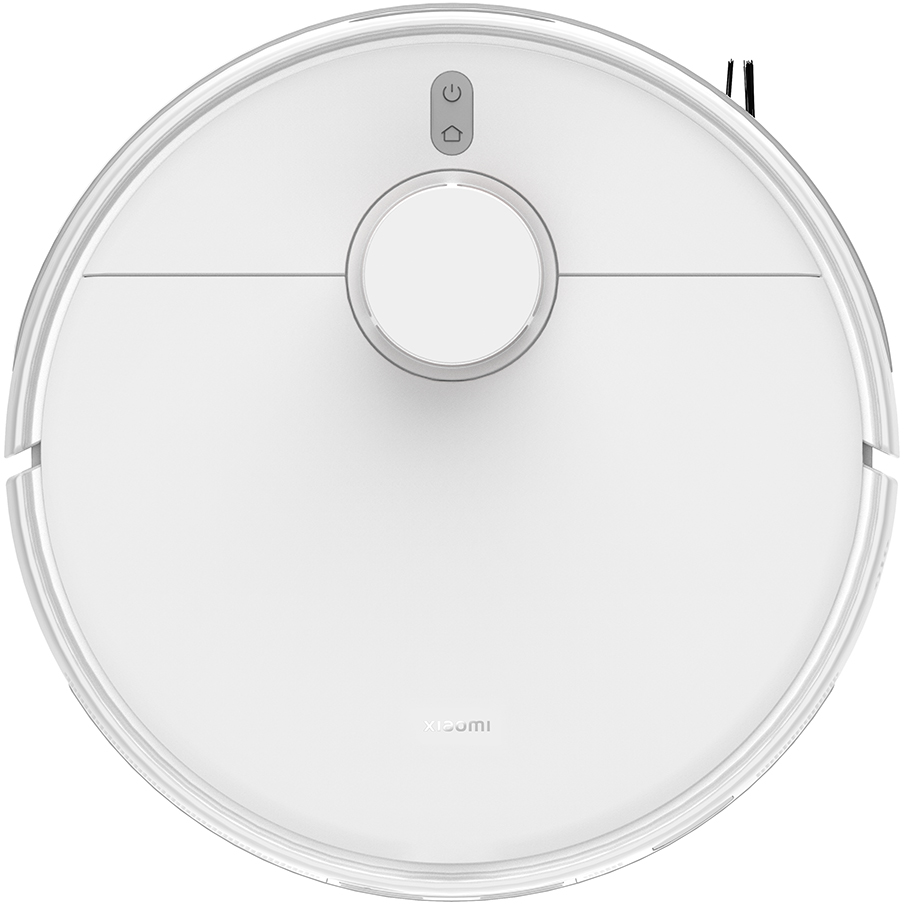 Un aspirapolvere robotico bianco e circolare. Ha un pulsante di accensione, un pulsante home e il logo Xiaomi. Ci sono spazzole sul lato.