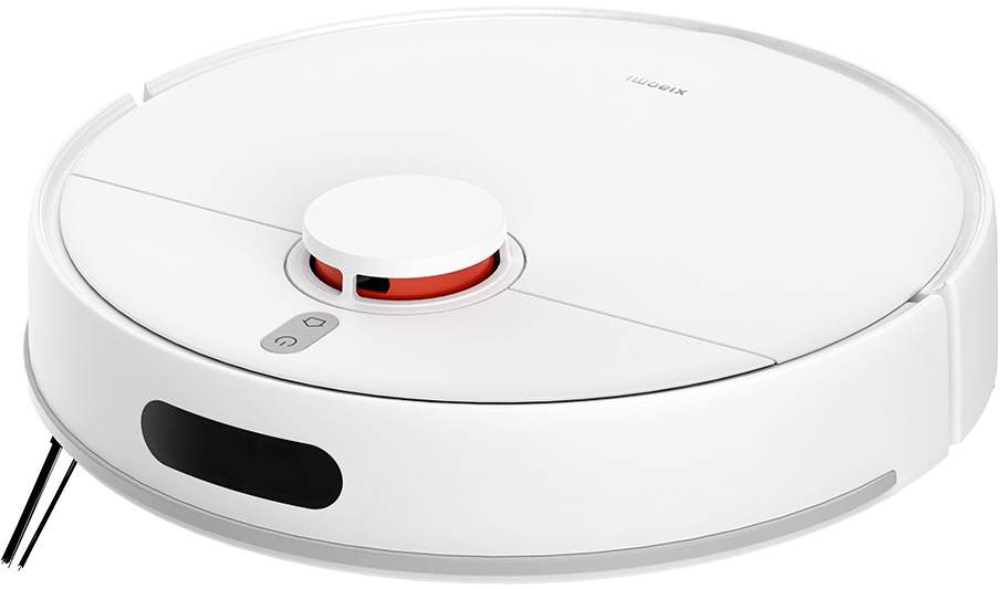 Un aspirapolvere robot Xiaomi bianco. Ha un design arrotondato con un sensore centrale, un pulsante di accensione e uno sfiato laterale nero.