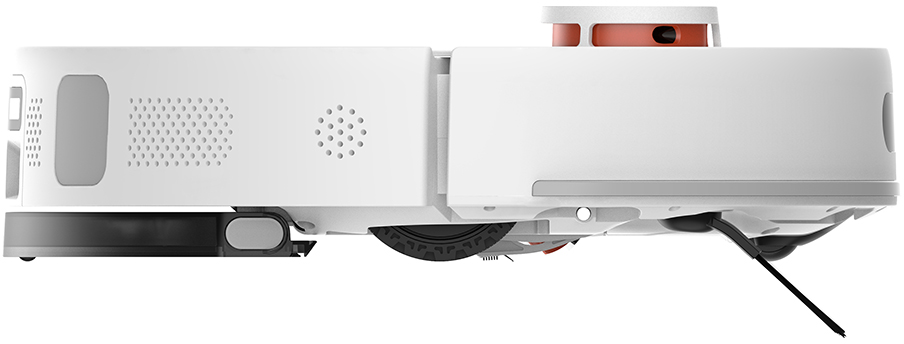 Vista laterale di un aspirapolvere robot bianco. Include una ruota nera, fori di ventilazione circolari e una parte superiore arancione e bianca.