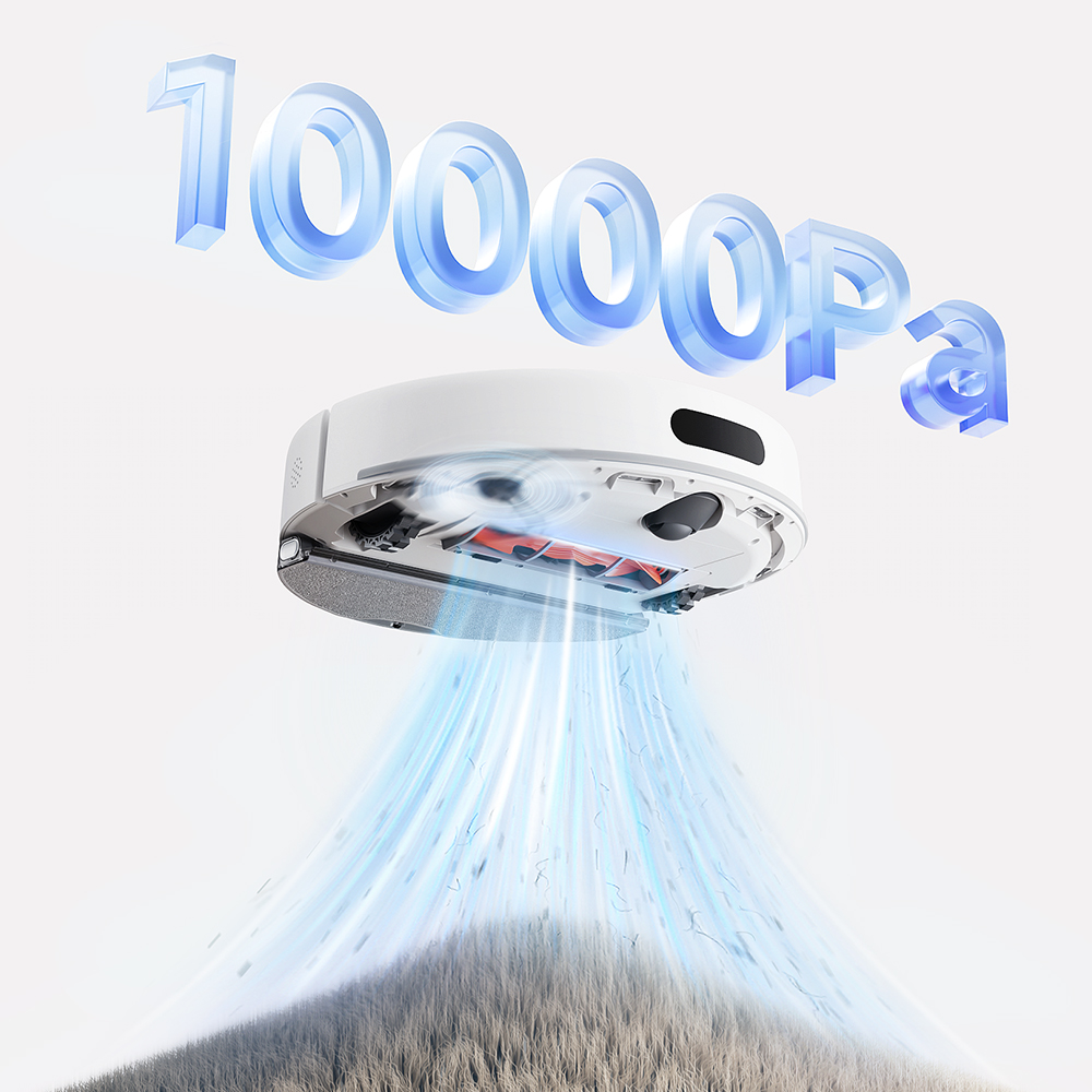 Un aspirapolvere robot bianco con la scritta '10000Pa' sopra. L'aria blu esce dall'aspirapolvere su un mucchio di sporco.