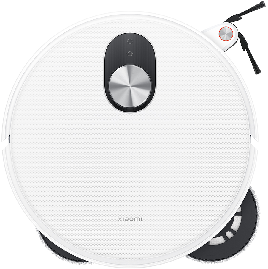 Un aspirateur robot Xiaomi blanc. Il a une forme ronde, un dessus noir avec des boutons, des brosses et un tampon de nettoyage.