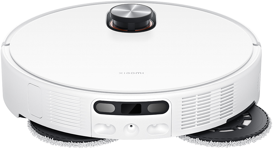 Un aspirateur robot Xiaomi blanc. Il a une forme ronde, un capteur supérieur et deux tampons de nettoyage en bas.