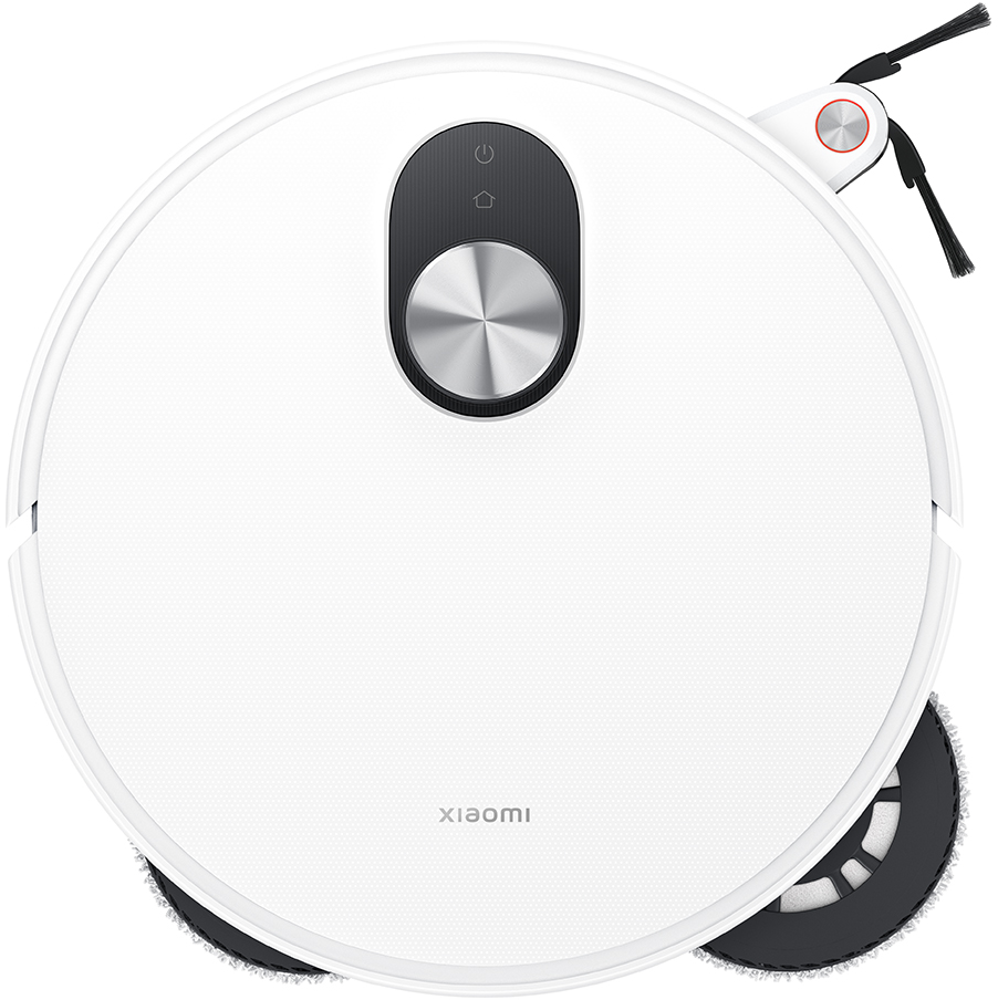 Un aspirateur robot Xiaomi blanc. Il possède un bouton d'alimentation, un bouton d'accueil et une brosse rotative.