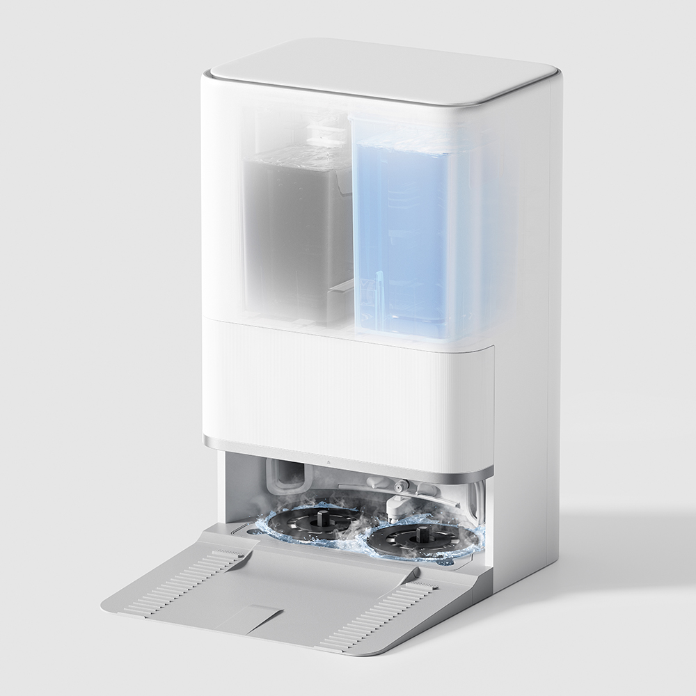 Robot aspirateur blanc avec réservoirs d'eau, fond ouvert avec tampons de nettoyage rotatifs, sur fond blanc.
