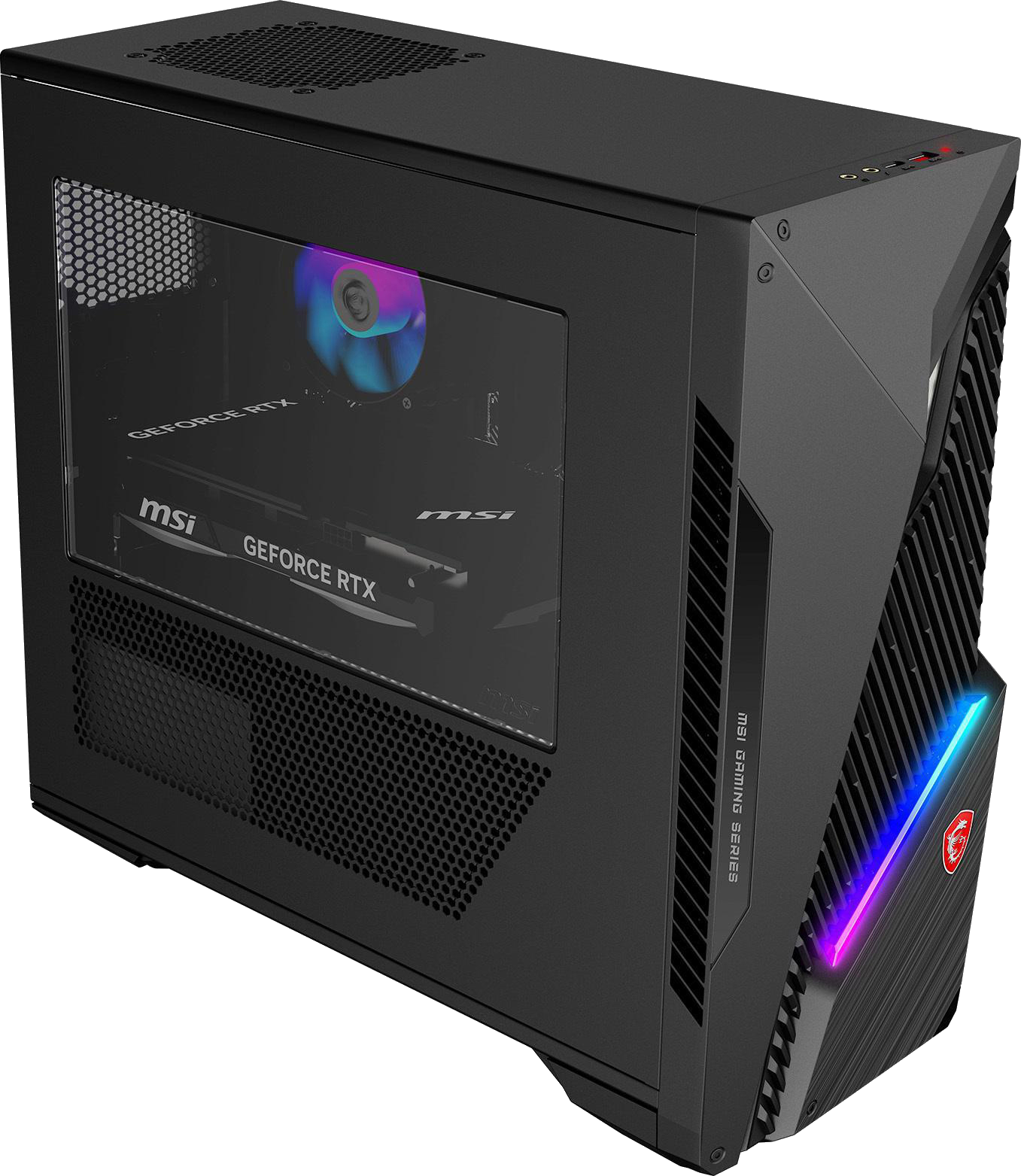 Schwarzer MSI-Gaming-PC. Die Glas-Seitenwand zeigt interne Komponenten, darunter eine GPU. RGB-Beleuchtung vorne.