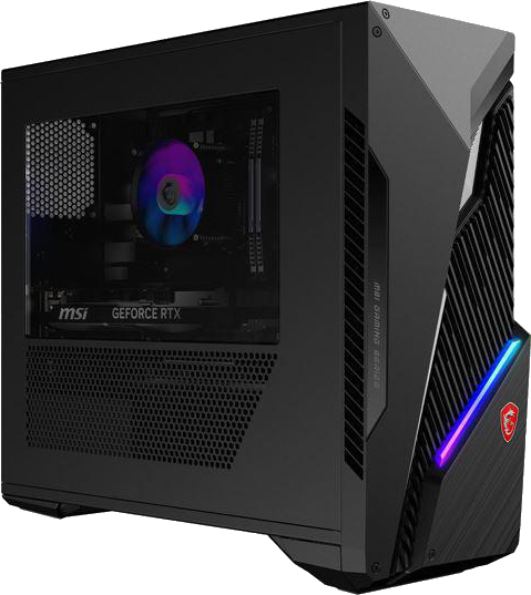 Schwarzer MSI Gaming-PC. Verfügt über eine Glas-Seitenwand, die interne Komponenten und RGB-Beleuchtung zeigt. Die Frontplatte hat ein MSI-Logo.