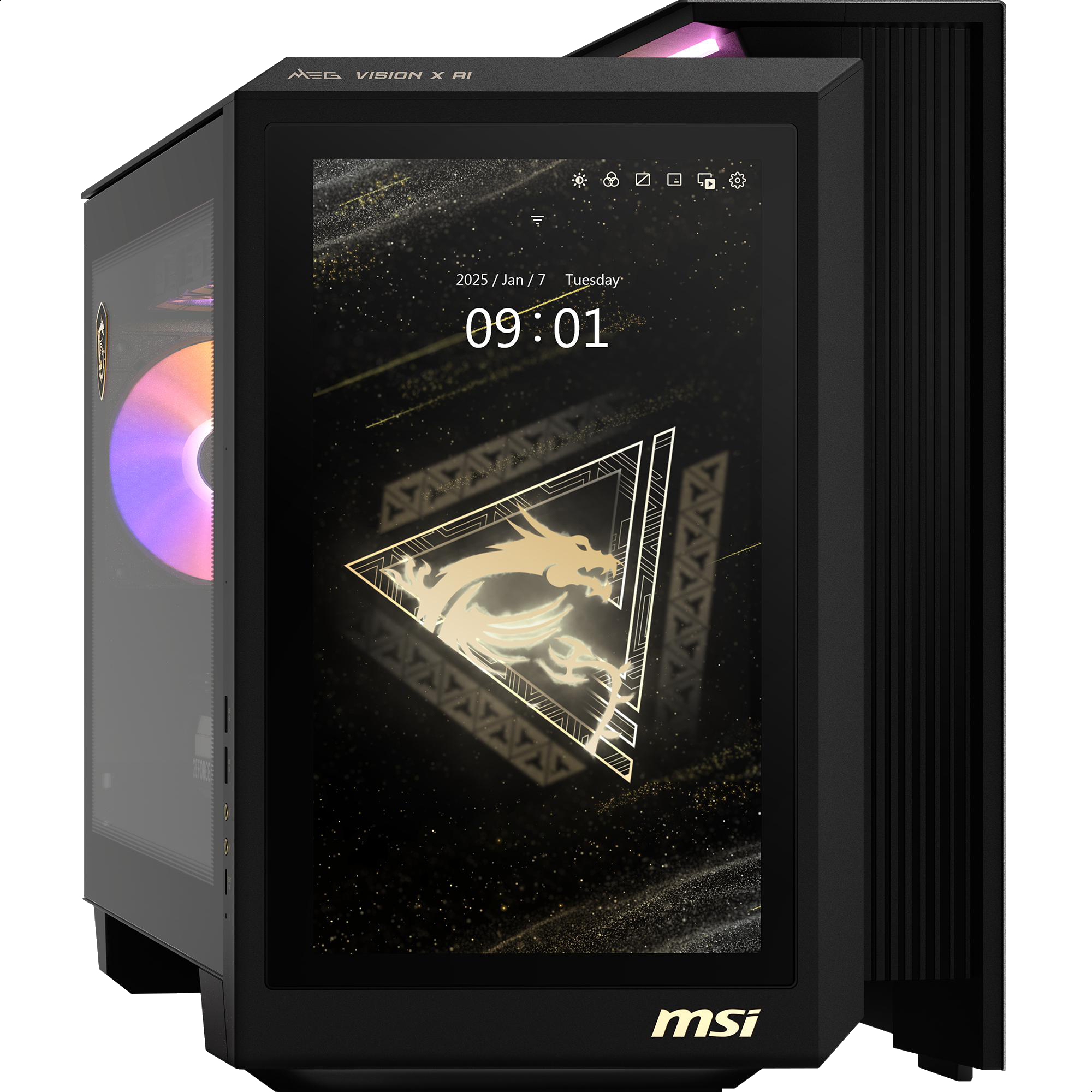 Schwarzes Computergehäuse mit Bildschirm, der die Uhrzeit und ein Drachenlogo anzeigt. MSI-Logo unten. Das Gehäuse hat eine transparente Seitenwand.