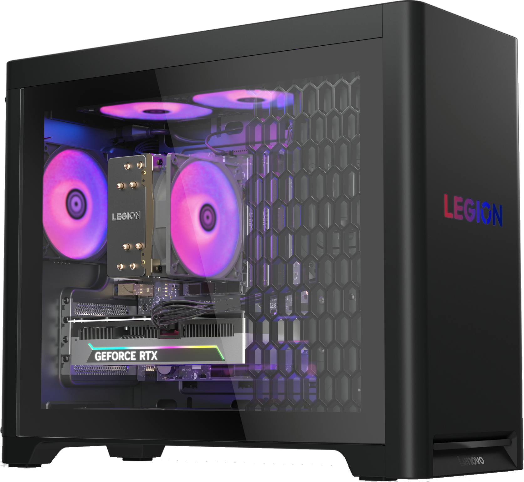 Schwarzer Lenovo Legion PC. Im Inneren befinden sich Lüfter mit pinkfarbenen Lichtern, eine Grafikkarte und Komponenten. Das Gehäuse hat eine Mesh-Seite.