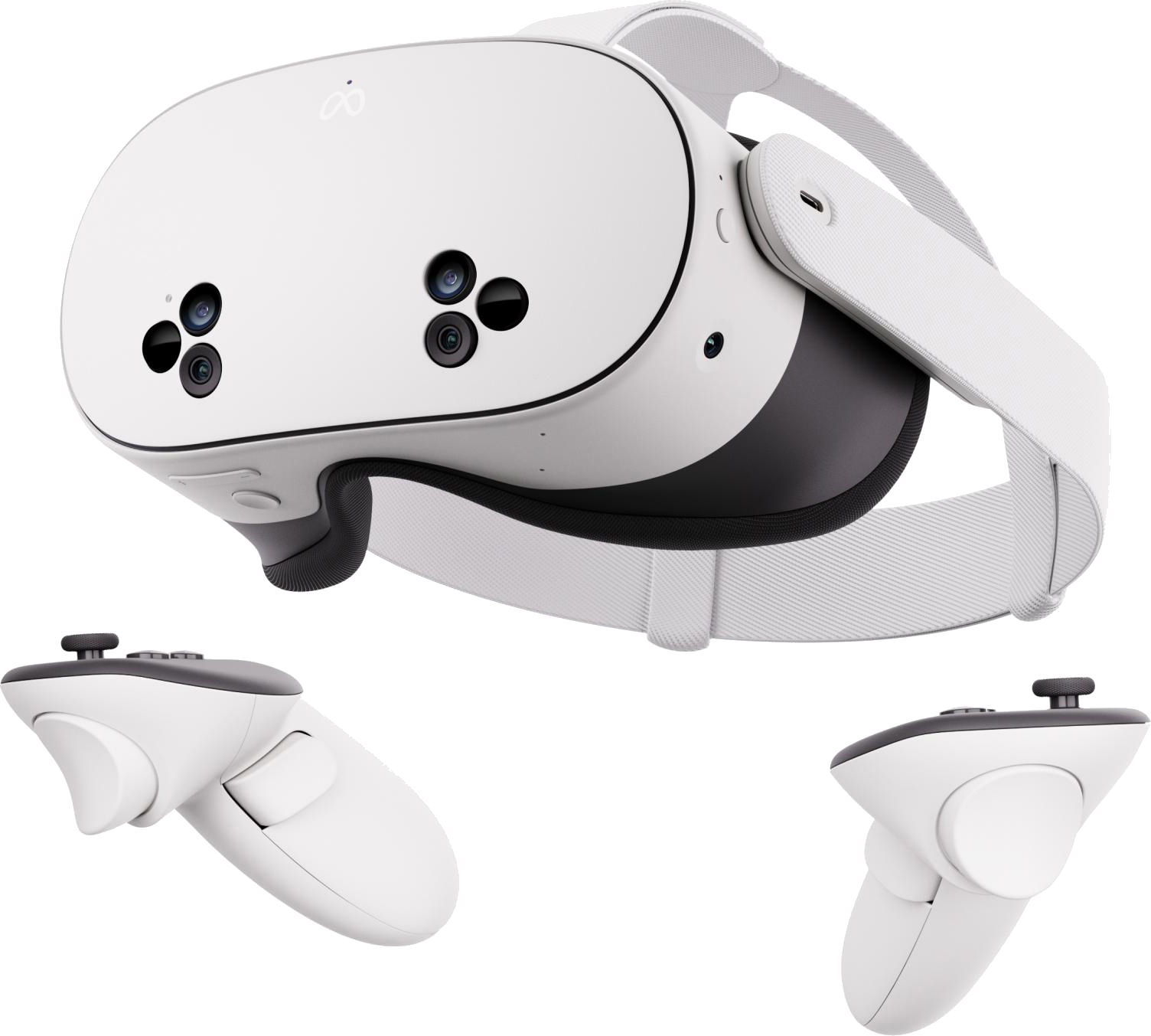 Ein weißes VR-Headset mit Controllern, mit mehreren Kameras. Controller sind weiß und grau. Schwarzer Hintergrund.