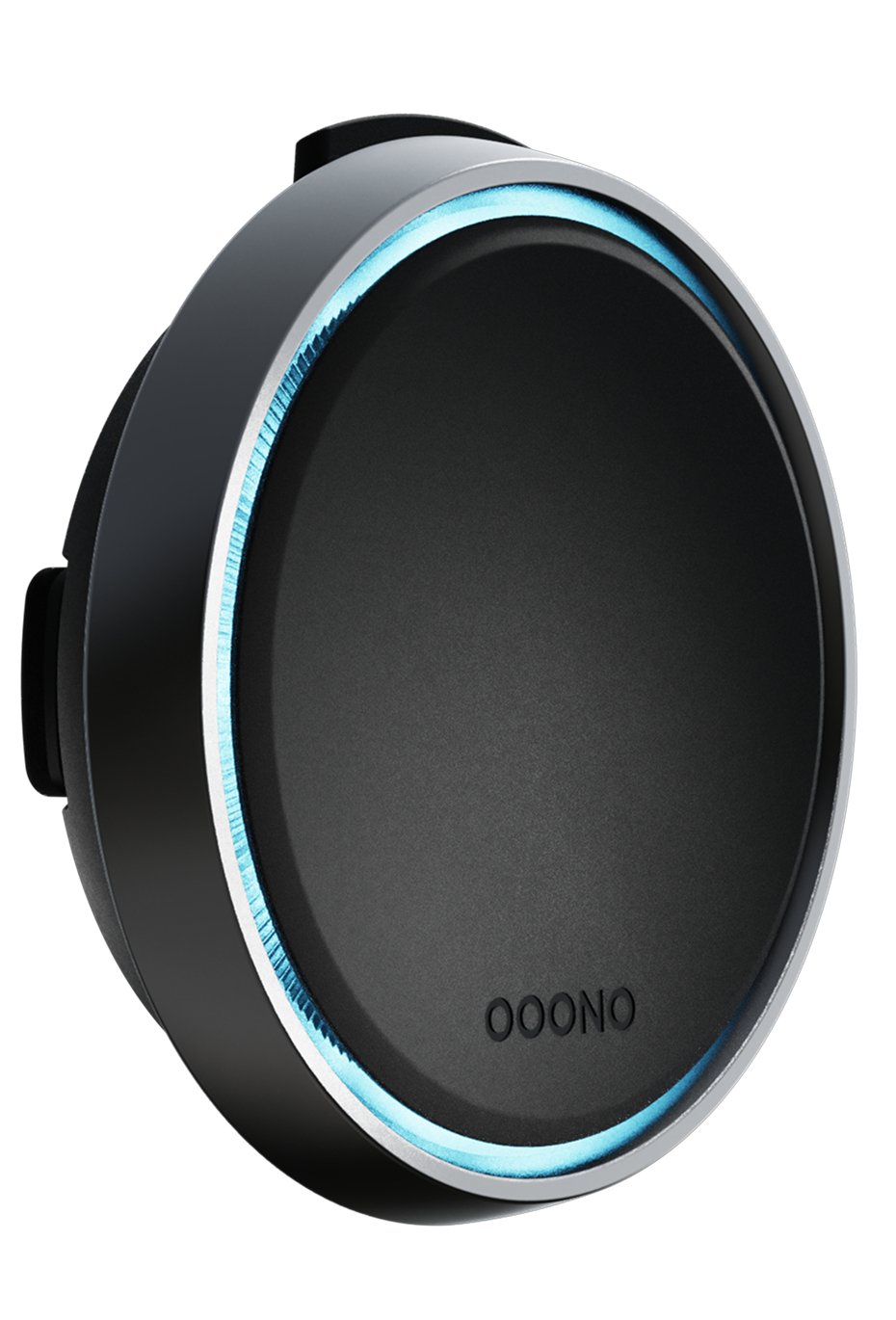 Ein schwarzes kreisförmiges Gerät mit blauem Lichtring. Das Wort OONO ist auf der Vorderseite aufgedruckt. Es hat eine silberne Metallverkleidung.