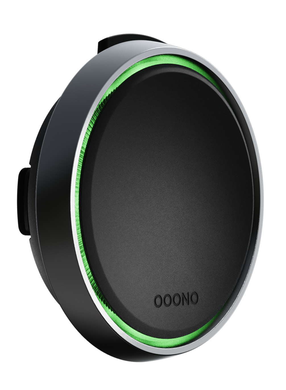 Ein schwarzes kreisförmiges Gerät mit einem grün leuchtenden Ring und silbernem Rand. Auf dem Gerät steht das Wort 'OOONO'.