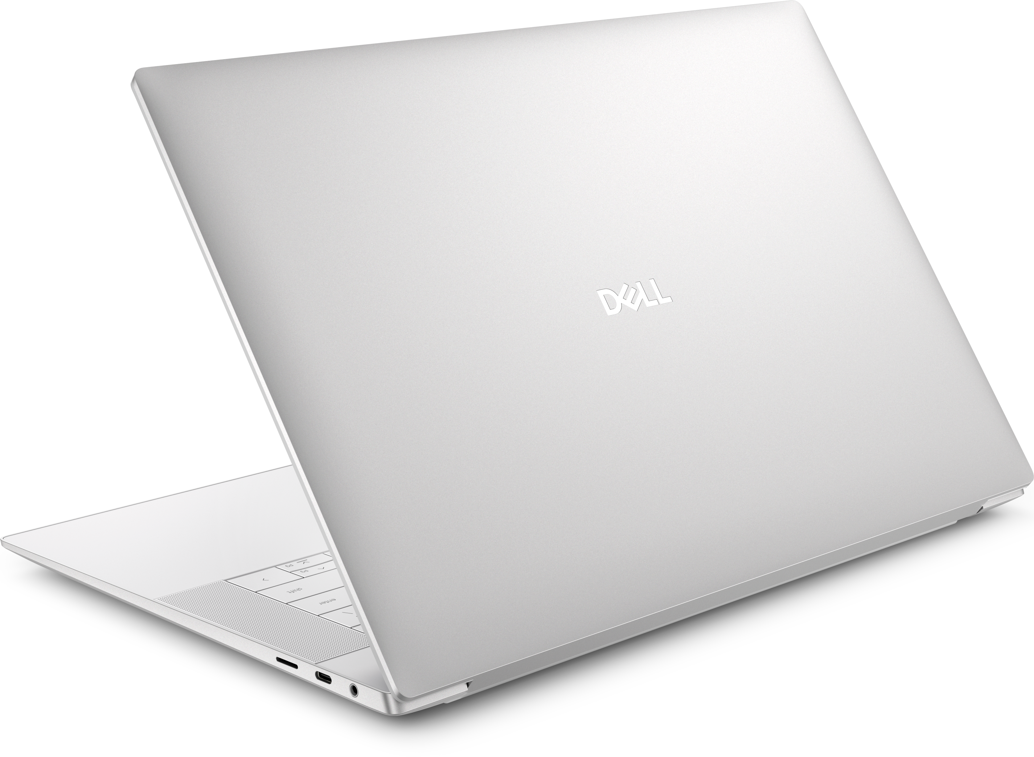 Ein silberner Dell-Laptop ist vor schwarzem Hintergrund angewinkelt geöffnet. Das Dell-Logo ist sichtbar.